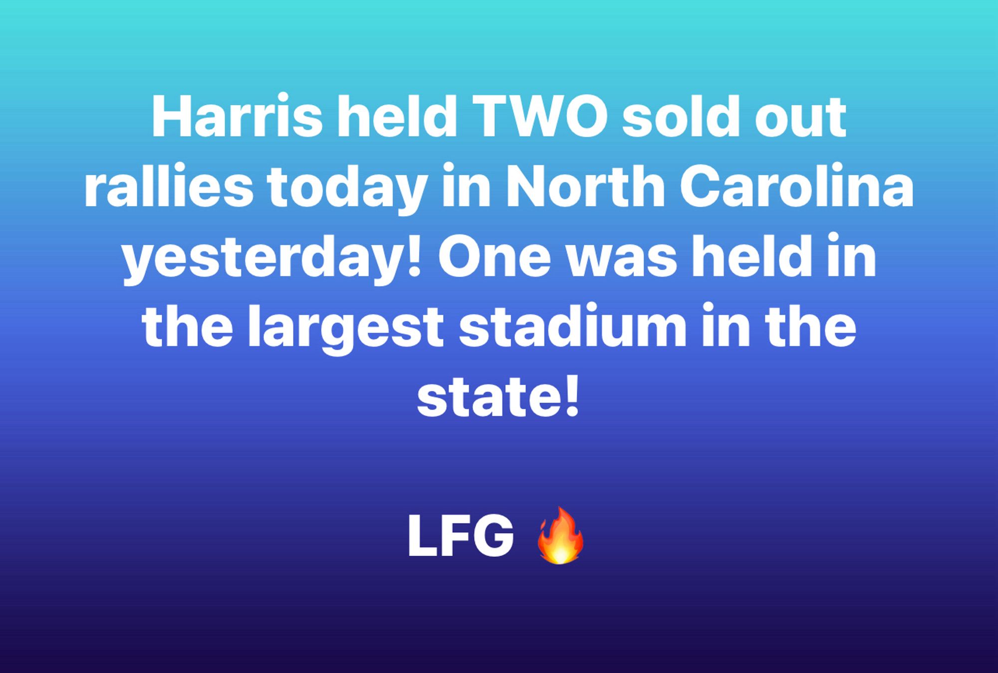 Harris held TWO sold out rallies today in North Carolina yesterday! One was held in the largest stadium in the state!

LFG 🔥