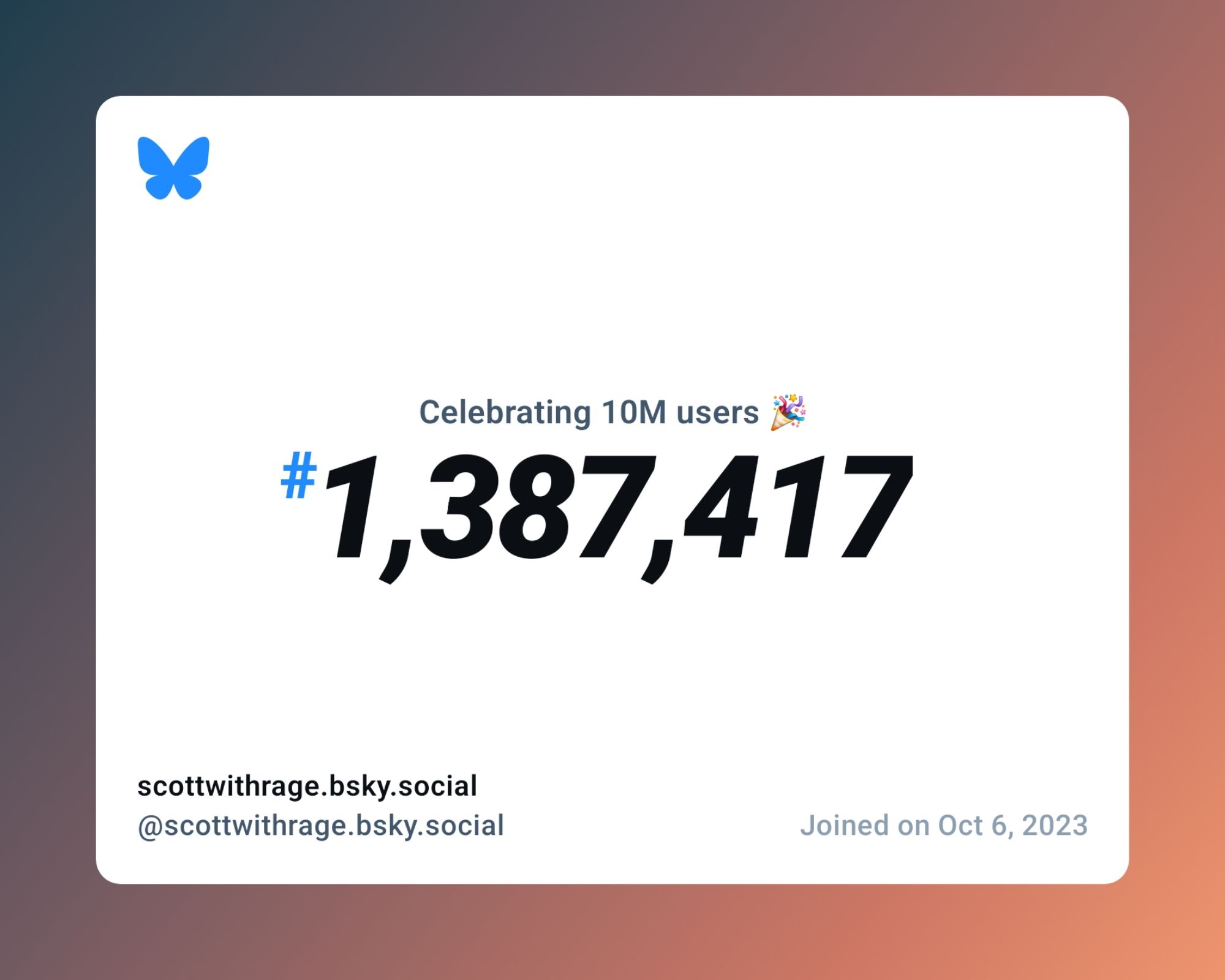 A virtual certificate with text "Celebrating 10M users on Bluesky, #1,387,417, scottwithrage.bsky.social ‪@scottwithrage.bsky.social‬, joined on Oct 6, 2023"