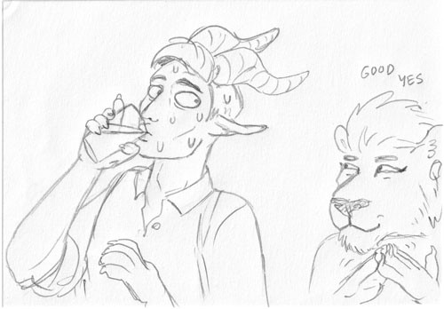 A small pencil doodle of a tiefling nervously drinking water while watching my leonin druid Khadhi looking on approvingly (and a little menacingly)