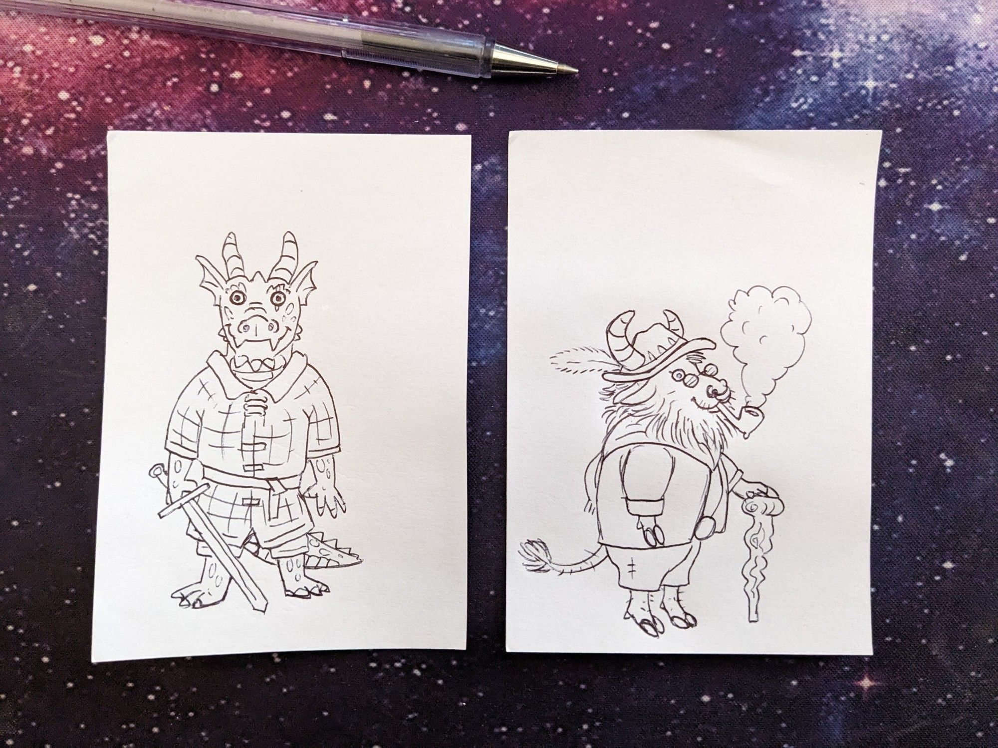 Two small ballpoint pen doodles in the style of Richard Scarry of a dragonborn holding a sword and a bull person smoking a pipe and leaning on a cane.