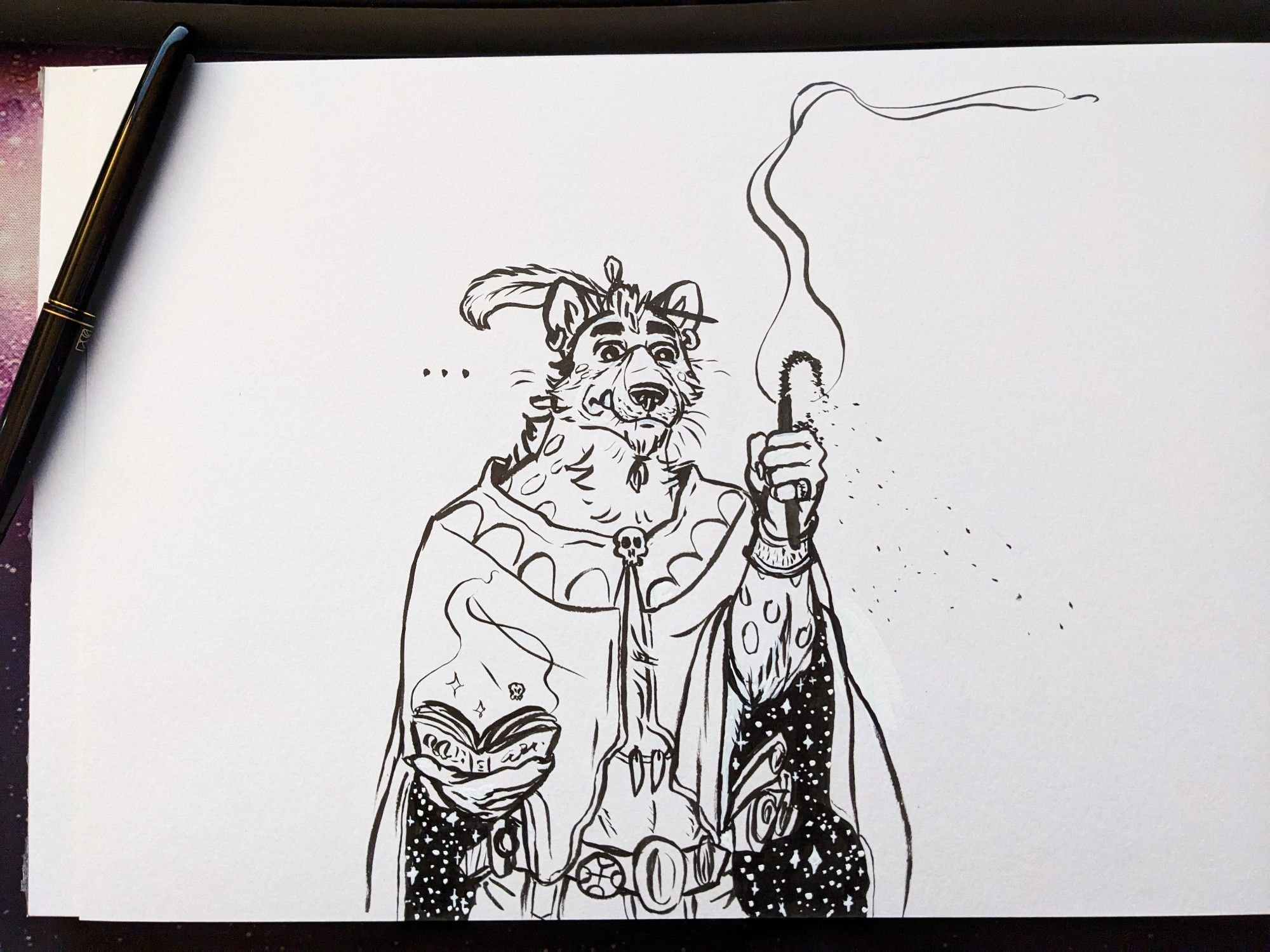 An ink drawing of a gnoll dressed on magician style attire. He is holding the smoking, burnt-out remains of a wand in one hand and a spell book in the other, looking deadpan.