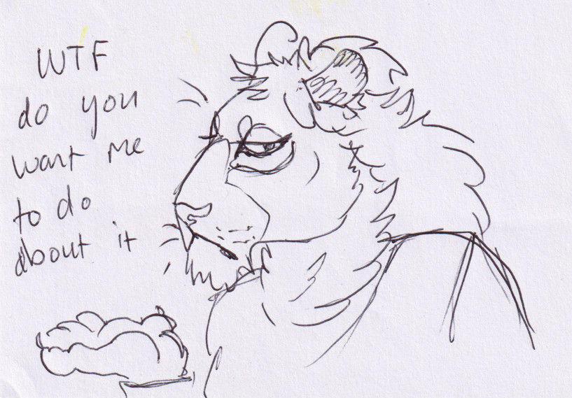 A small ballpoint pen doodle of my leonin druid Khadhi looking nonplussed asking "WTF do you want me to do about it"