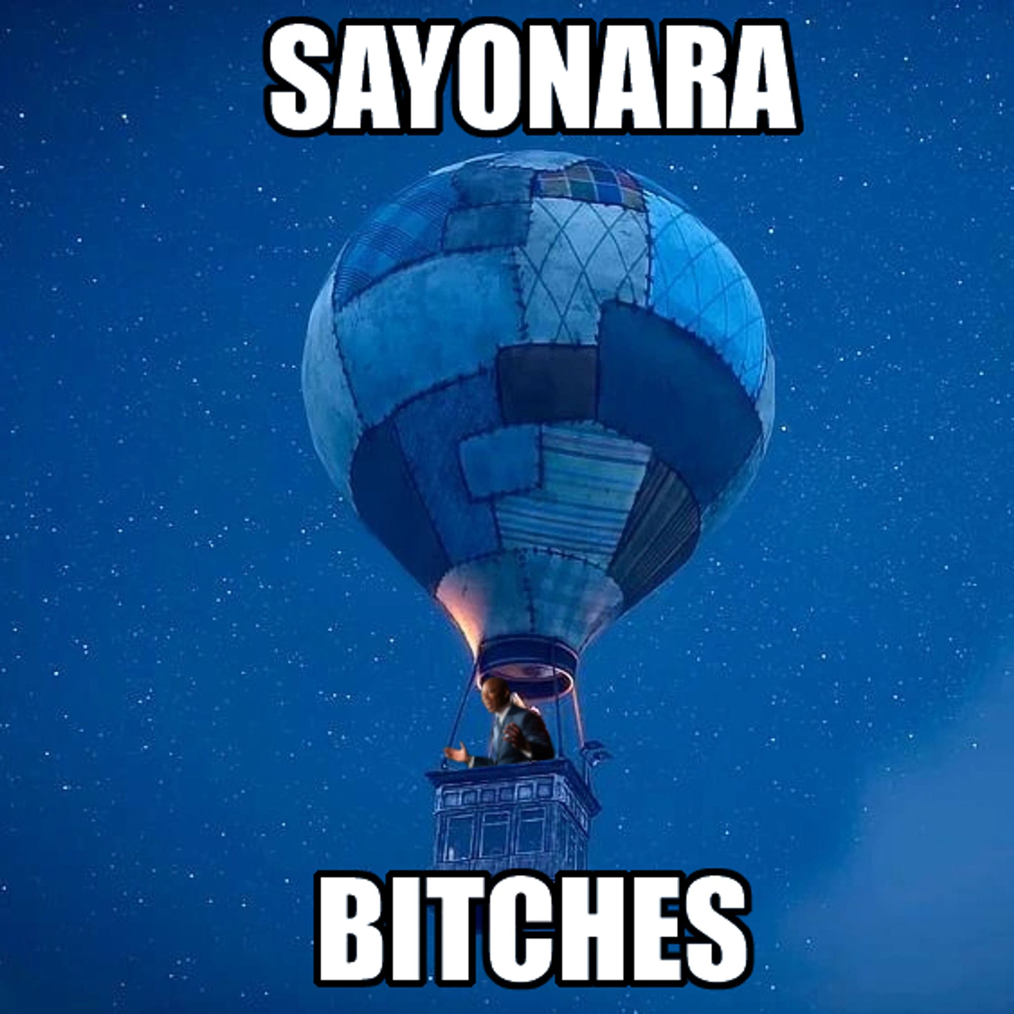 Eric Adams photoshopped into a hot air balloon with Impact text reading "SAYONARA BITCHES"