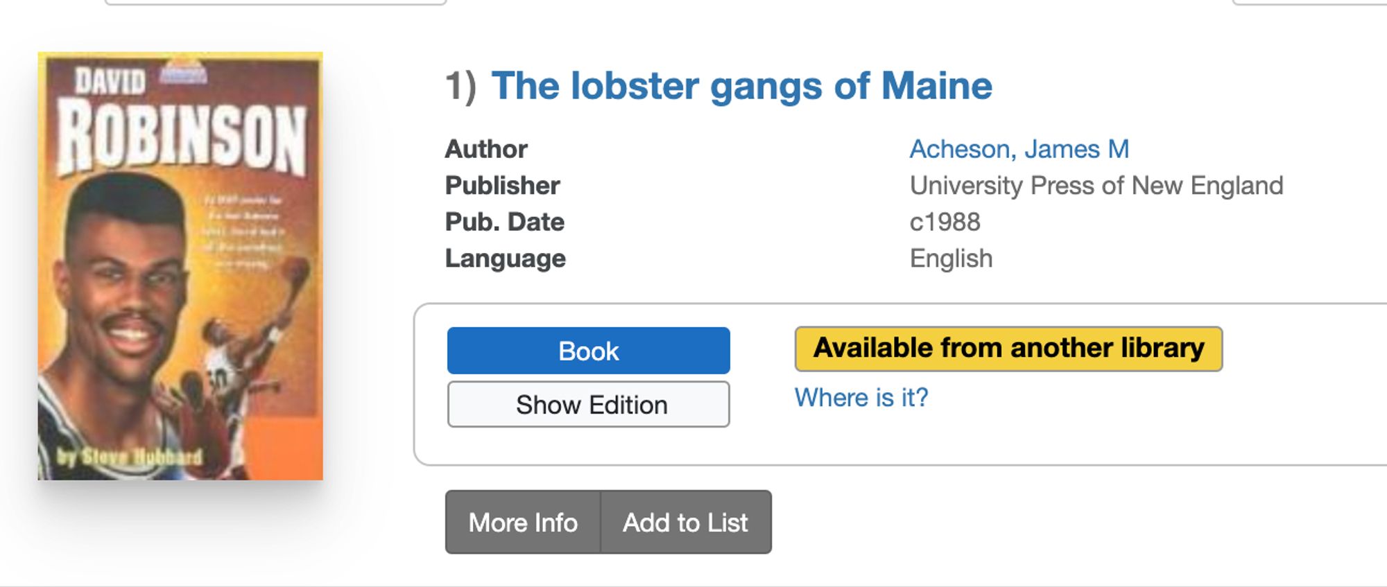 Screenshot of a catalog entry for "The lobster gangs of Maine" but the book cover shown is for a young adult David Robinson biography.