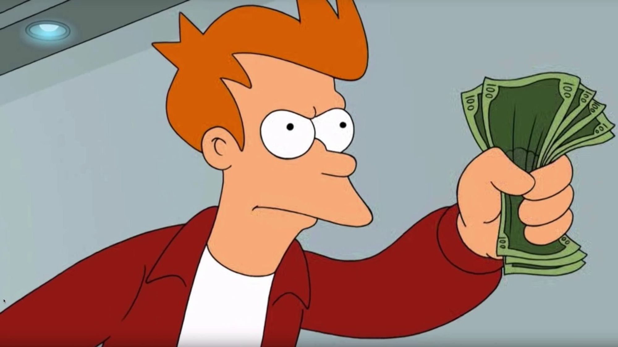 Fry from Futurama offering money with a stern expression.