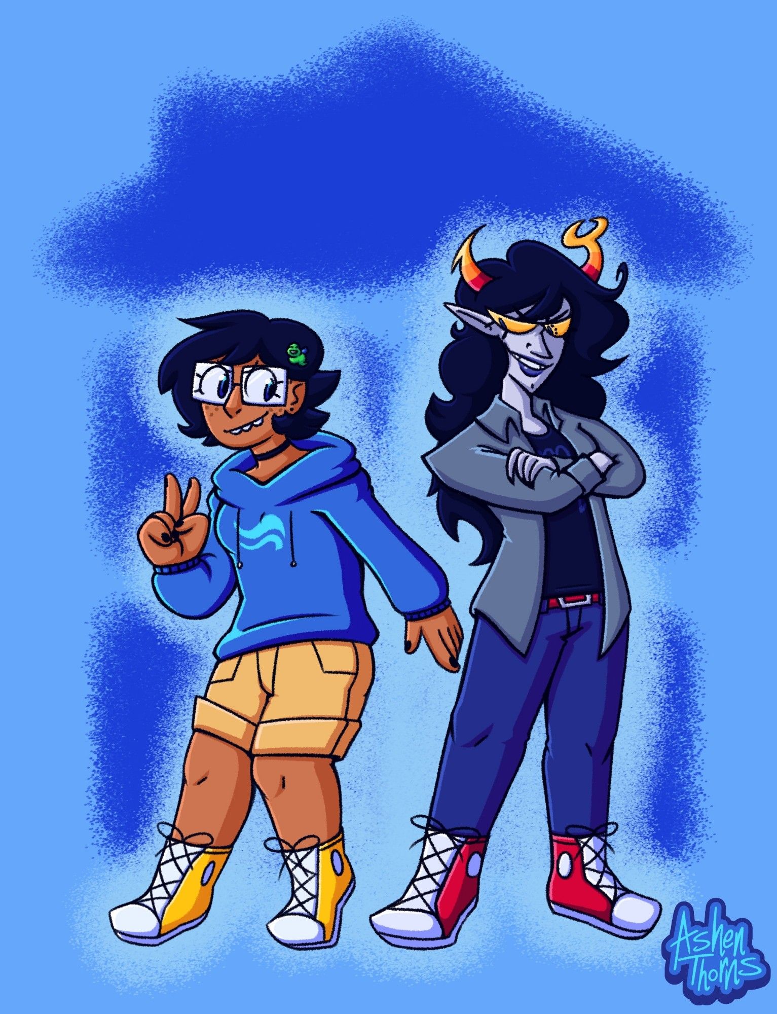 June Egbert and Vriska Serket from Homestuck pose in front of a blue, fuzzy rendition of the Sburb house logo.