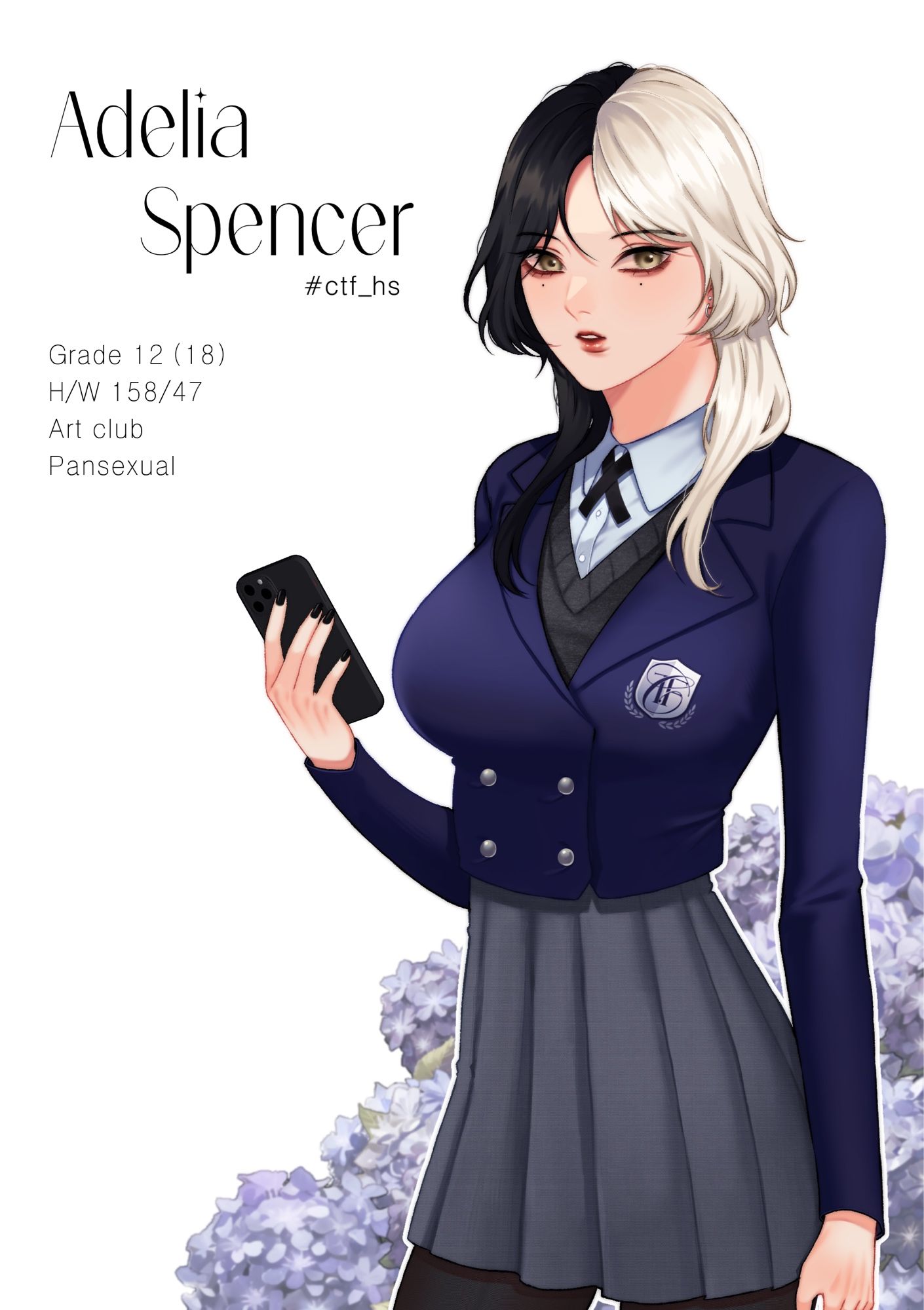 #ctf_hs

 Adelia Spencer(18) | G.12

- ชมรมศิลปะ
- หน้านิ่งเหมือนจะหาเรื่องแต่จริงๆไม่มีพิษภัยอะไร เป็นมิตรปกติดี
- มนุษย์ขี้เกียจท่านหนึ่ง ไม่ชอบกีฬาสุดๆ
- ผมจริงๆสีดำ 
- มีพี่ชาย 1 คน
- บ้านทำธุรกิจโรงแรมระดับ5ดาวหลายเครือข่าย
- Pansexual