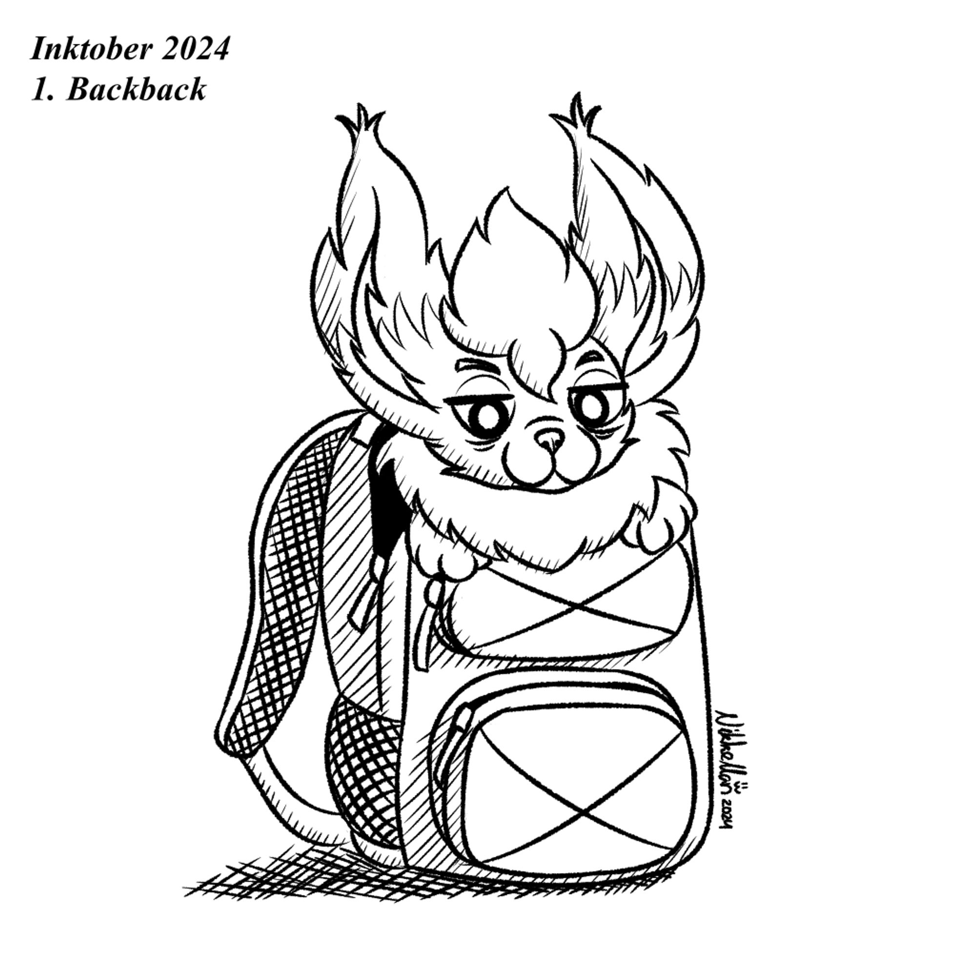 Inktober doodle of Silver the Flareon inside a backback.