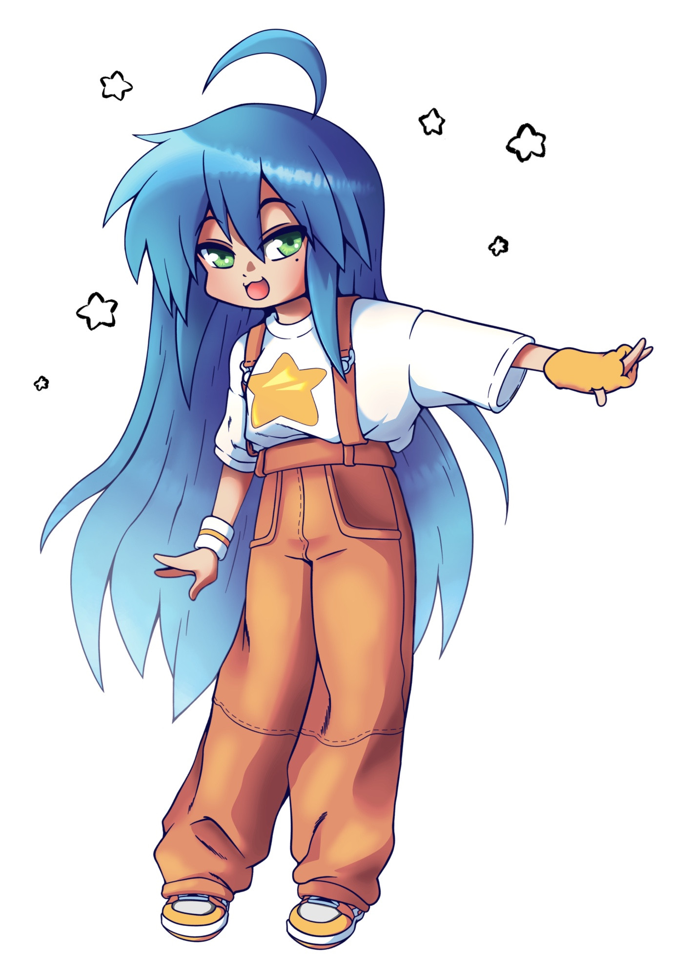 Iconic icon Konata Izumi from hit 2007 anime Lucky Star. She appears with her long blue hair and bright orange overalls with a giant star on her shirt.