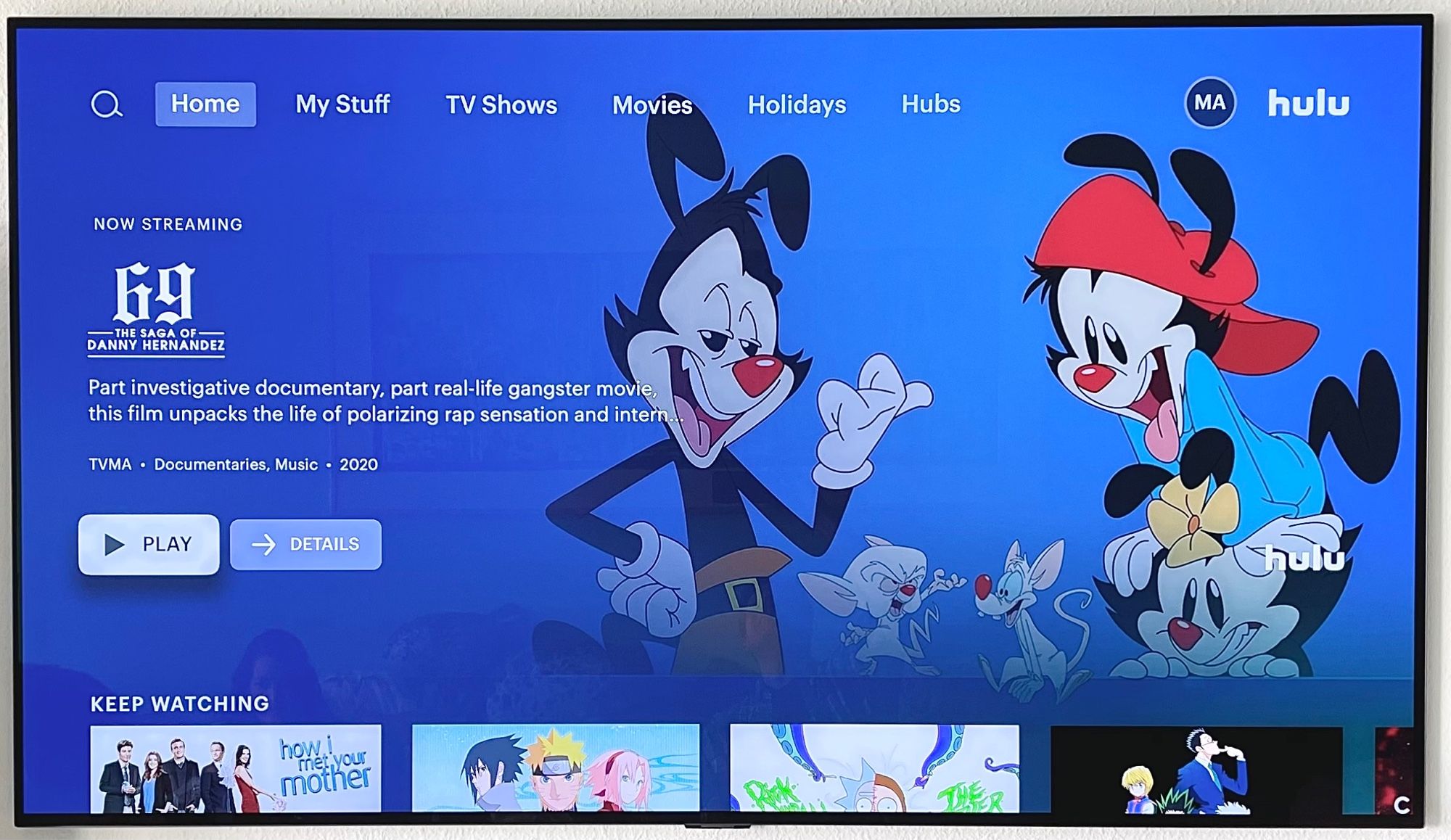 A photo of the Hulu home screen featuring the documentary “69: THE SAGA OF DANNY HERNANDEZ” but with artwork from Animaniacs