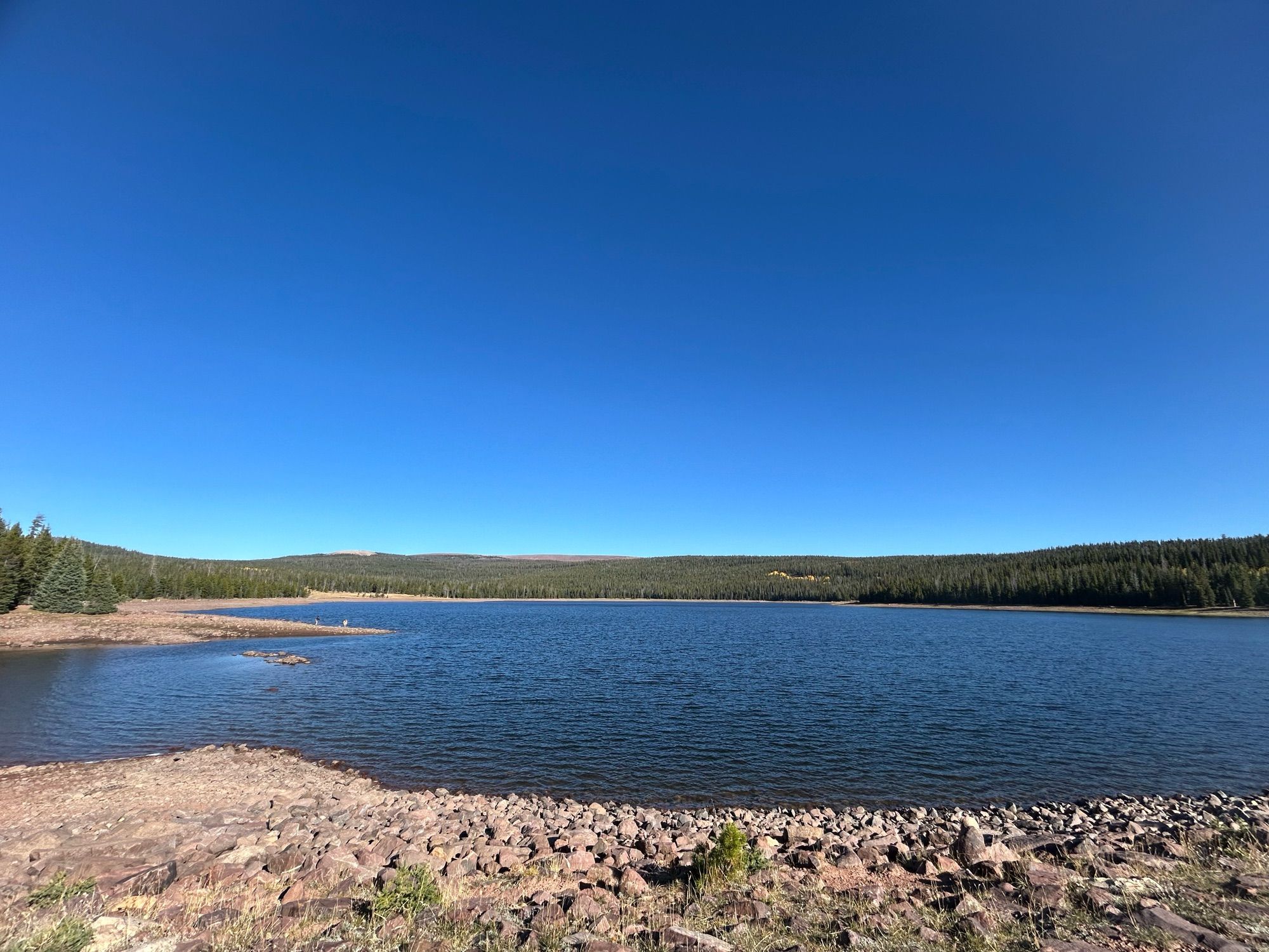 A reservoir with trees in the distance.