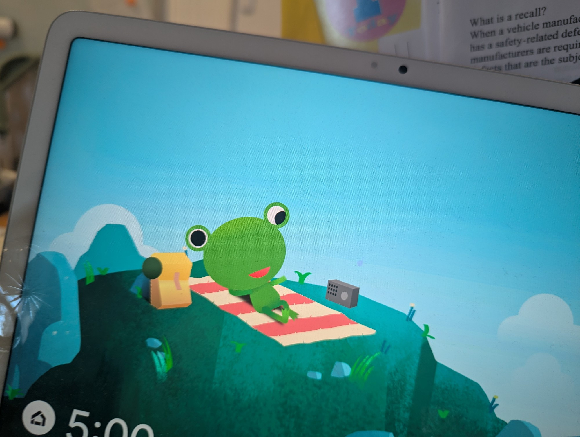 A tablet screensaver of a frog chilling outside on a picnic blanket but his eyes are cocked and looking in different direction 