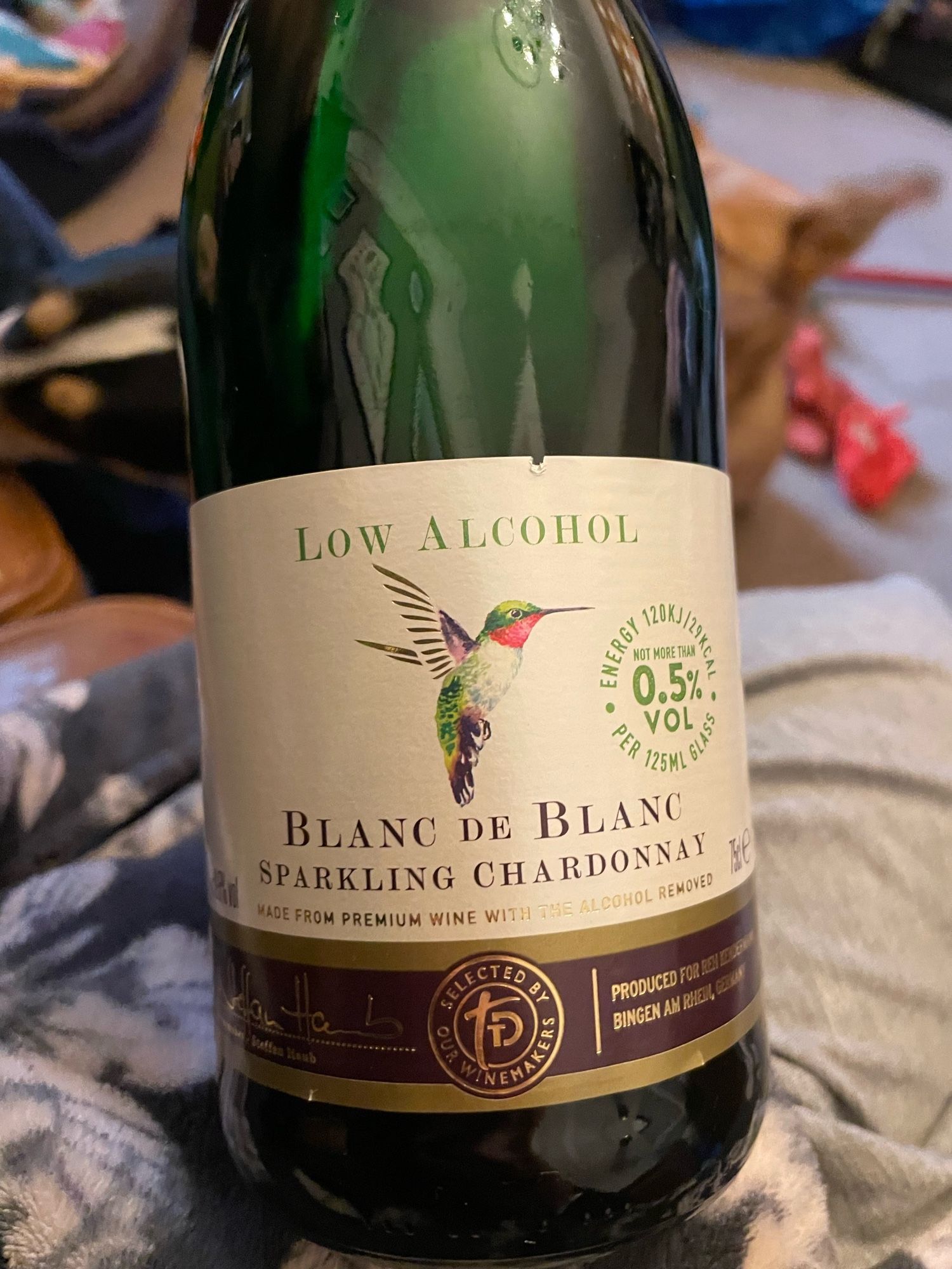 Low alcohol Blanc de Blanc Taste the Difference wine. It has a hummingbird on the label.