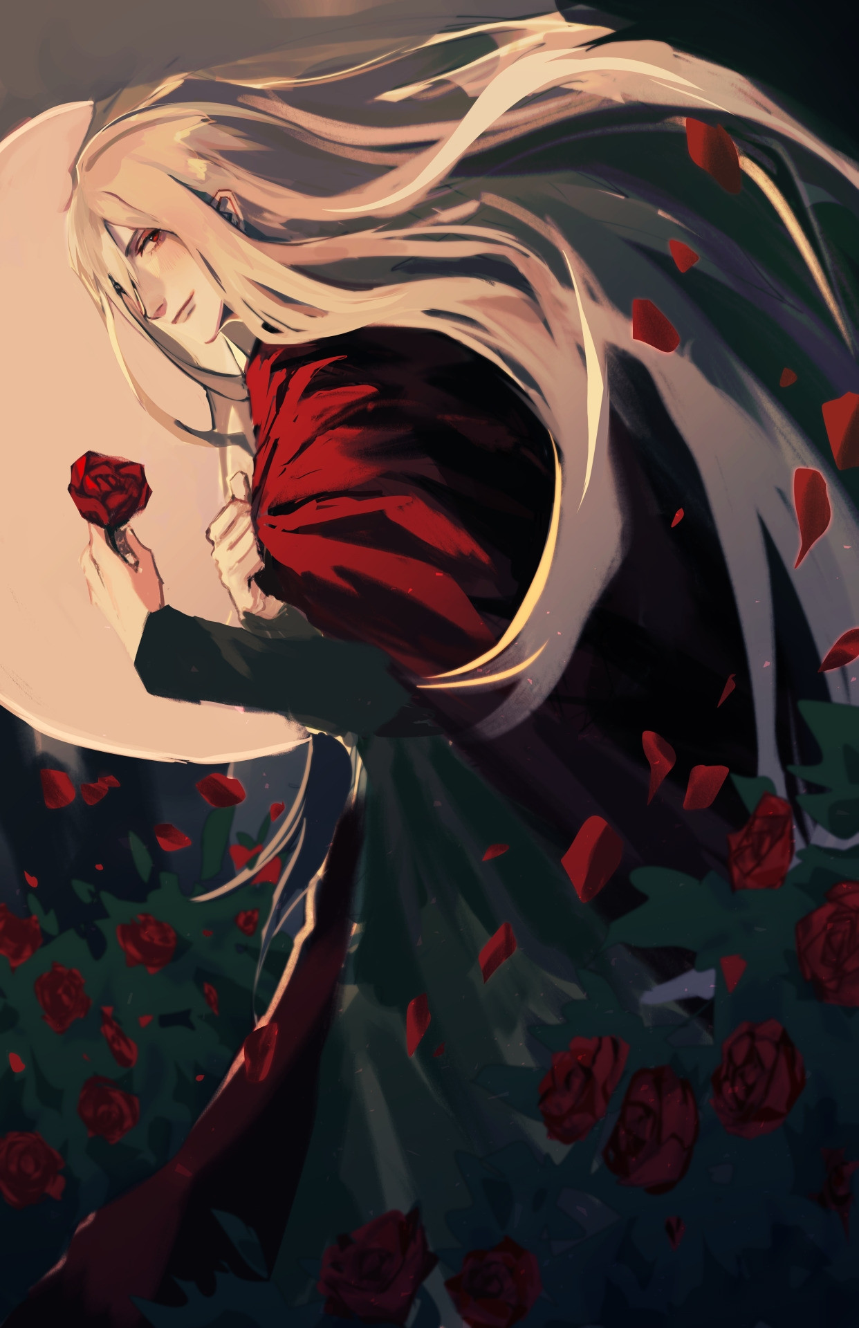 Michel Bollinger from the hit visual novel The House in Fata Morgana holding a rose against the moonlight