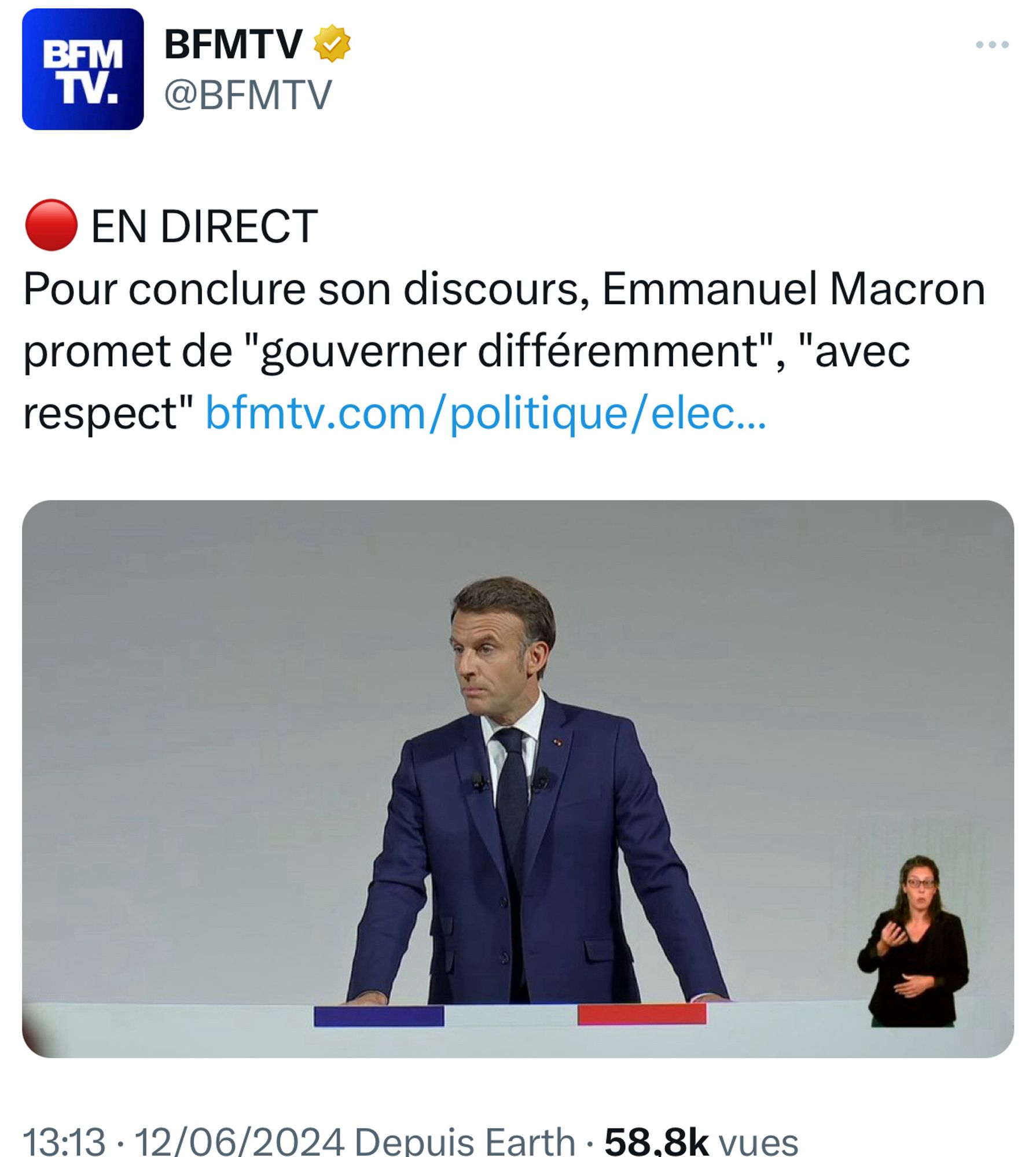 Tweet de BFM : Pour conclure son discours, Emmanuel Macron promet de "gouverner différemment", "avec respect"