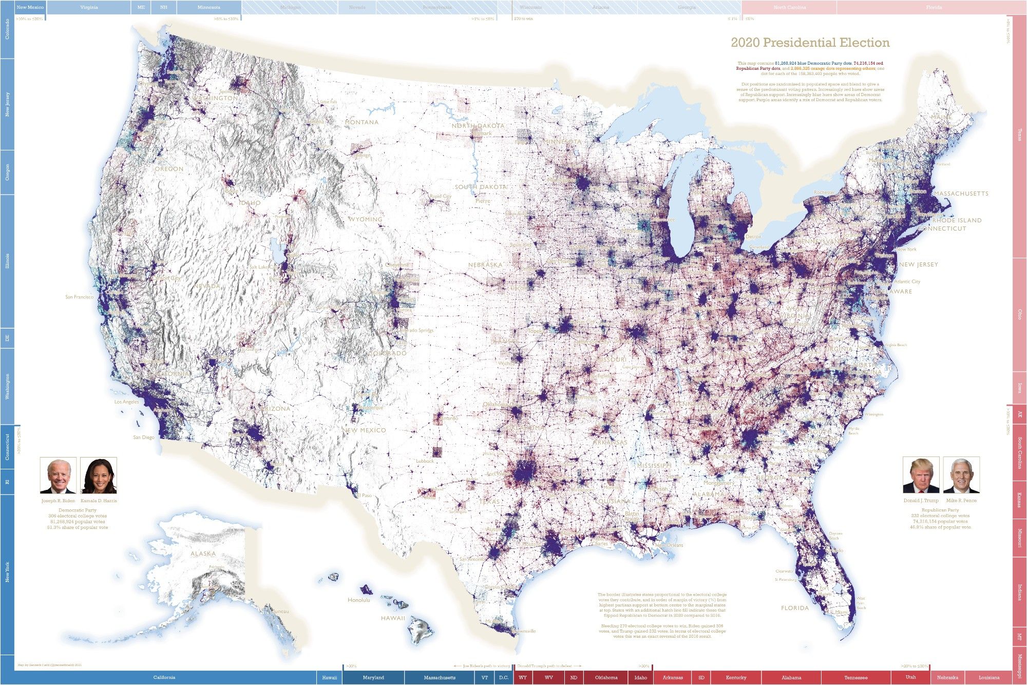 A map of the 2020 election results, displaying one-dot-per-vote.