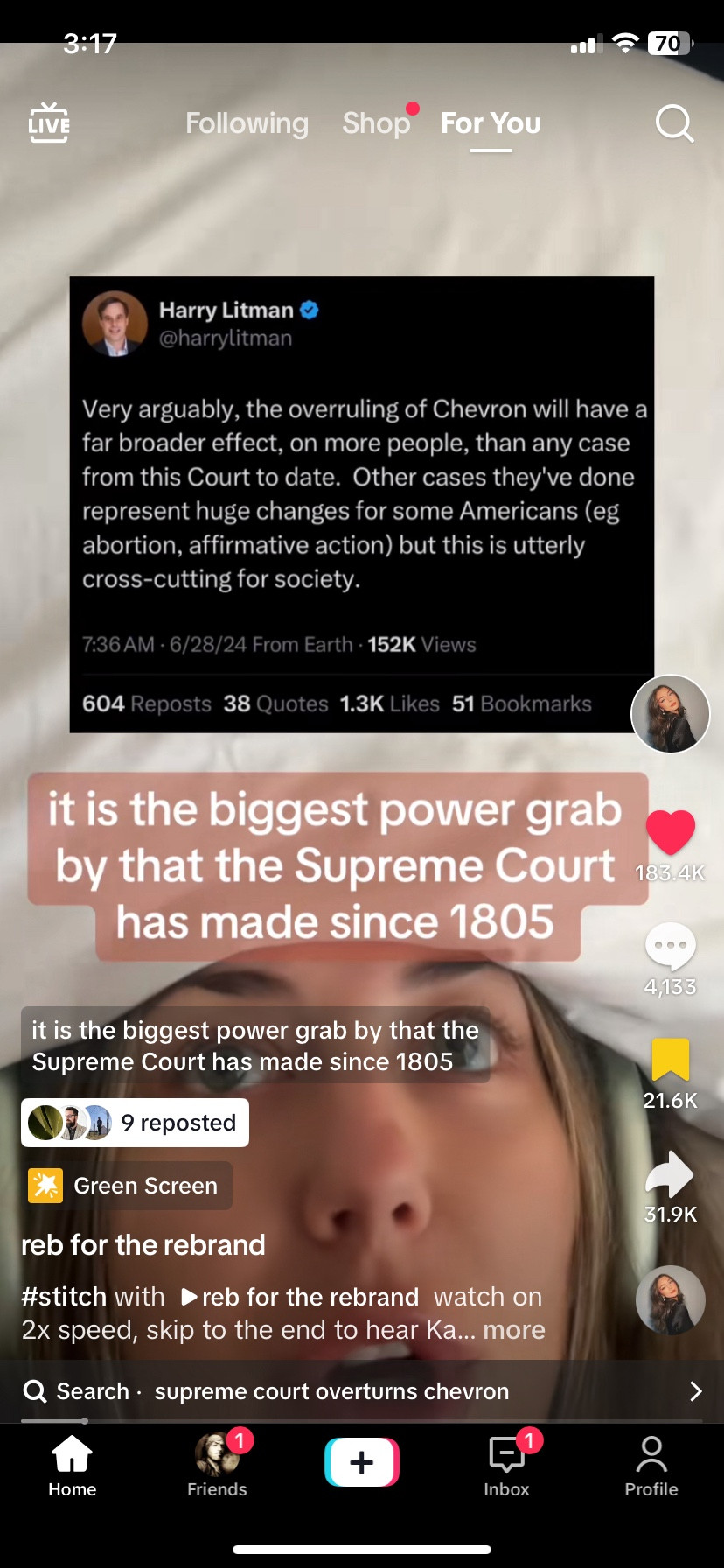 screenshot from TikTok video…

harrylitman:
Very arguably, the overruling of Chevron will have a far broader effect, on more people, than any case from this Court to date. Other cases they've done represent huge changes for some Americans (eg abortion, affirmative action) but this is utterly cross-cutting for society.


Reb:
it is the biggest power grab by that the Supreme Court has made since 1805