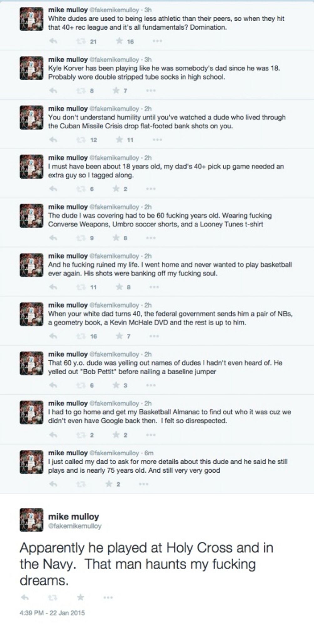 Twitter thread by @fakemikemulloy says “Kyle Korver has been playing like he was somebody's dad since he was 18.
Probably wore double stripped tube socks in high school.

You don't understand humility until you've watched a dude who lived through the Cuban Missile Crisis drop flat-footed bank shots on you.

I must have been about 18 years old, my dad's 40+ pick up game needed an extra guy so I tagged along.

The dude I was covering had to be 60 fucking years old. Wearing fucking Converse Weapons, Umbro soccer shorts, and a Looney Tunes t-shirt

And he fucking ruined my life. I went home and never wanted to play basketball ever again. His shots were banking off my fucking soul.

When your white dad turns 40, the federal government sends him a pair of NBs, a geometry book, a Kevin McHale DVD and the rest is up to him.