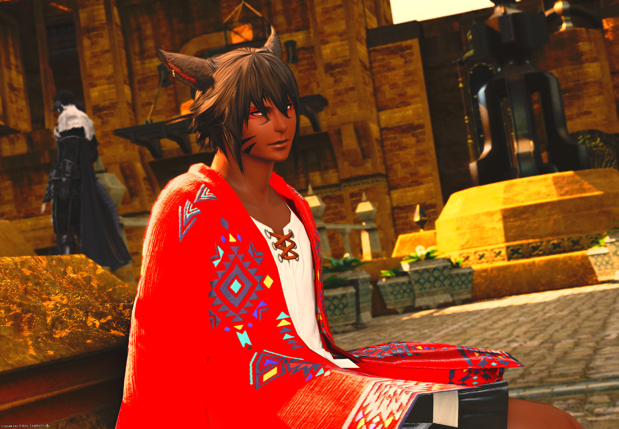 FFXIV Final Fantasy 14 Miqo'te sitting on a bench bright red clothes red eyes black skin black hair roleplay character