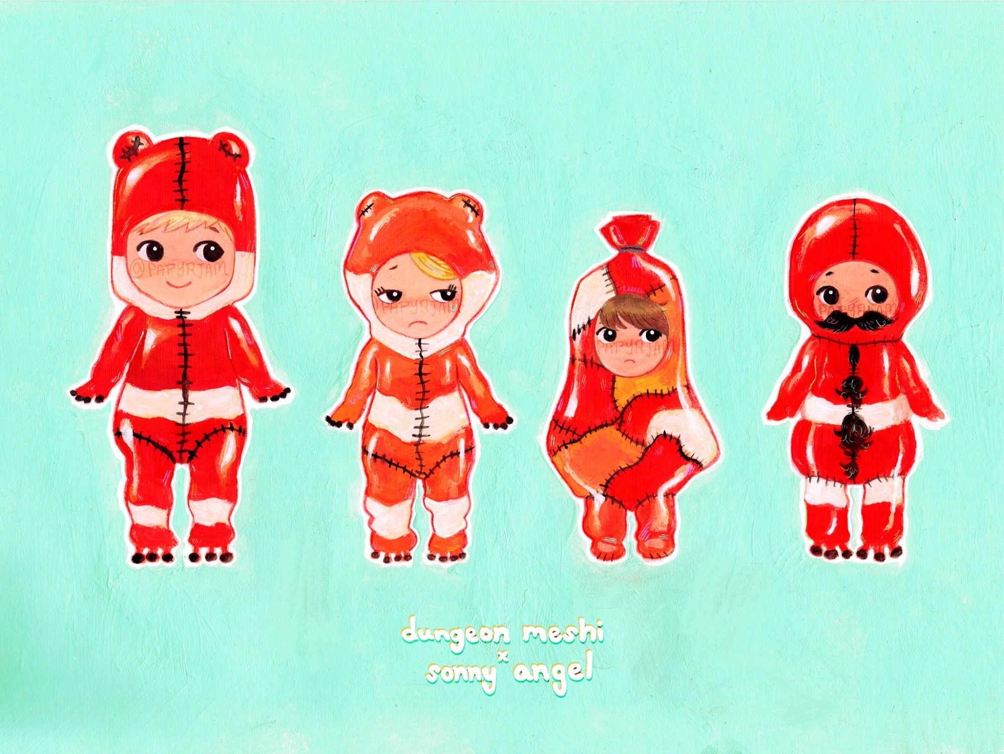 A painted illustrated of the characters from Delicious in Dungeon in frog suits as Sonny Angel toys.