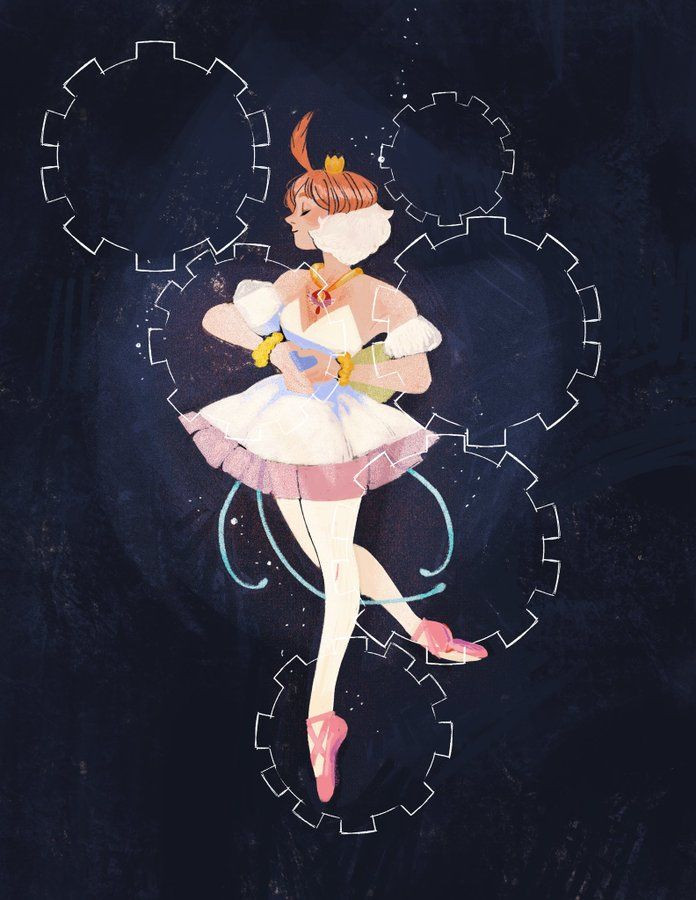 An illustration of Princess Tutu from the Princess Tutu anime, poised with one foot off the ground and her hands meeting at her torso to form a heart shape. There are the outlines of cogs in the background.