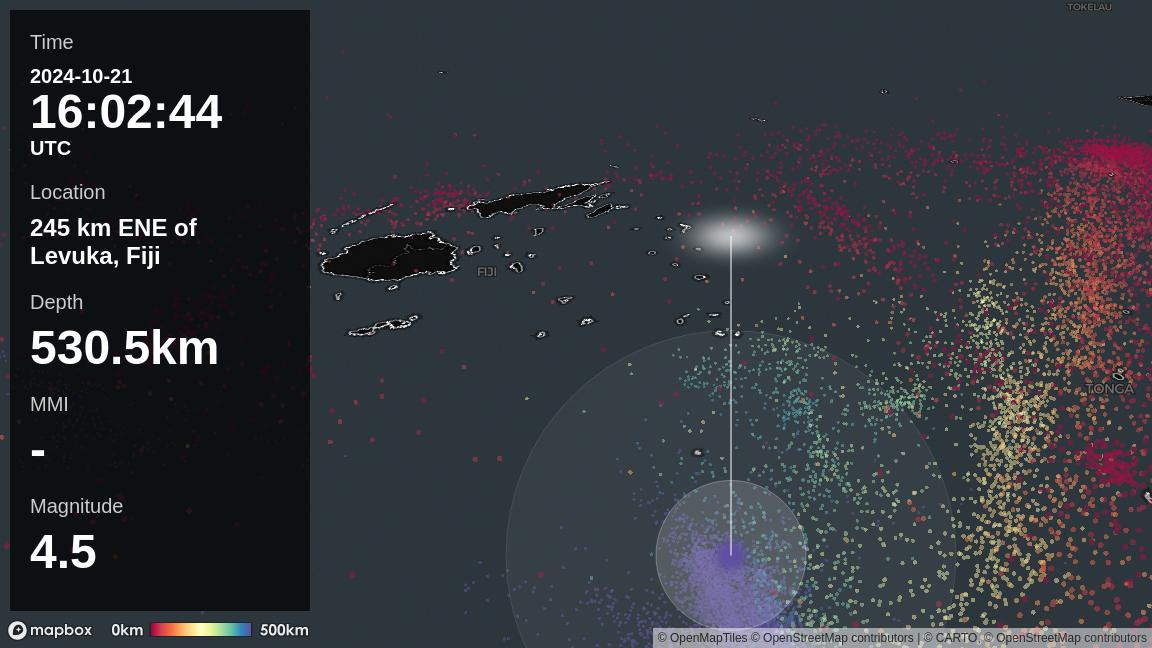 On 2024-10-21, at 16:02:44 (UTC), there was an earthquake around 245 km ENE of Levuka, Fiji. The depth of the hypocenter is about 530.5km, and the magnitude of the earthquake is estimated to be about 4.5.