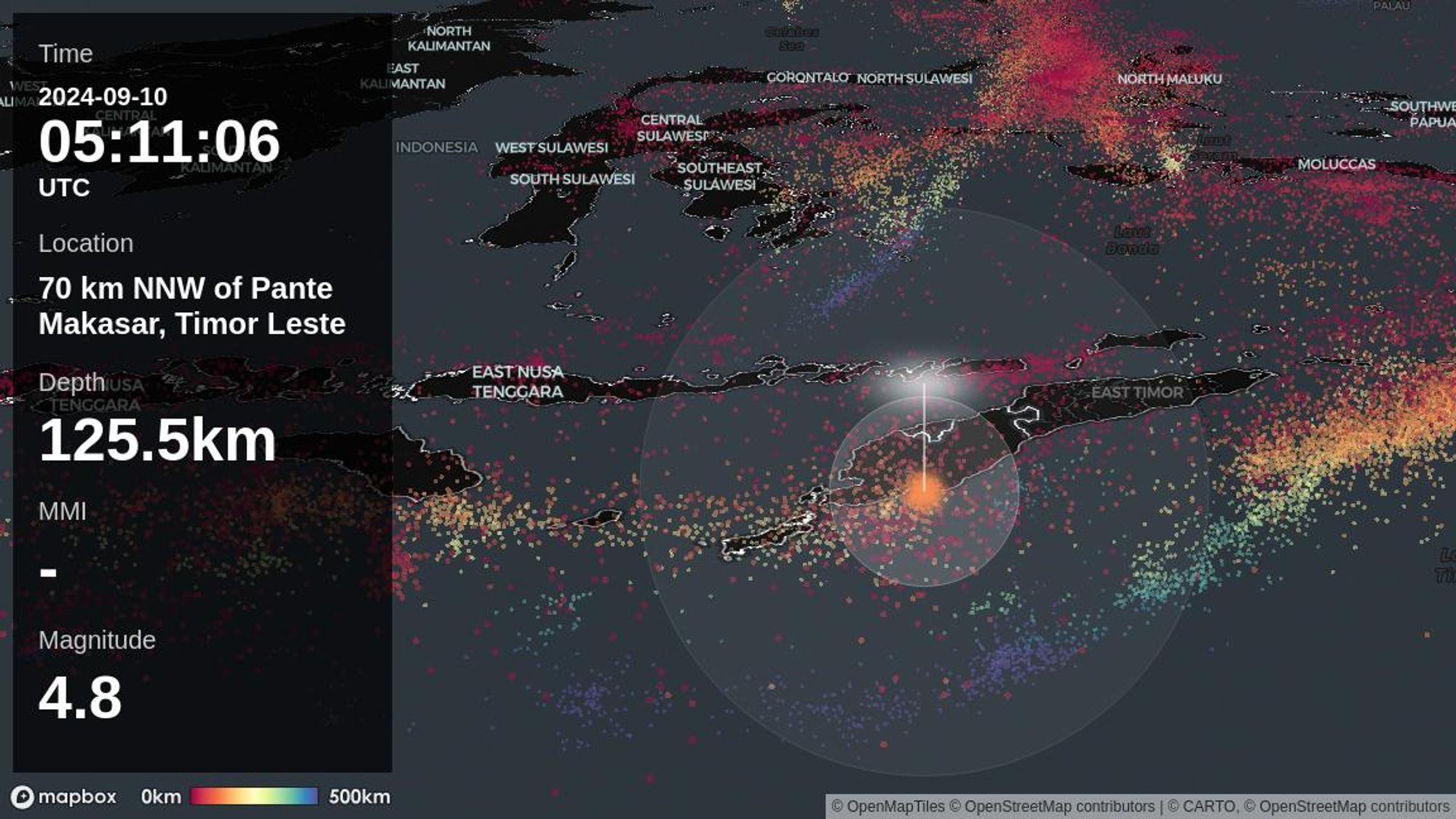On 2024-09-10, at 05:11:06 (UTC), there was an earthquake around 70 km NNW of Pante Makasar, Timor Leste. The depth of the hypocenter is about 125.5km, and the magnitude of the earthquake is estimated to be about 4.8.