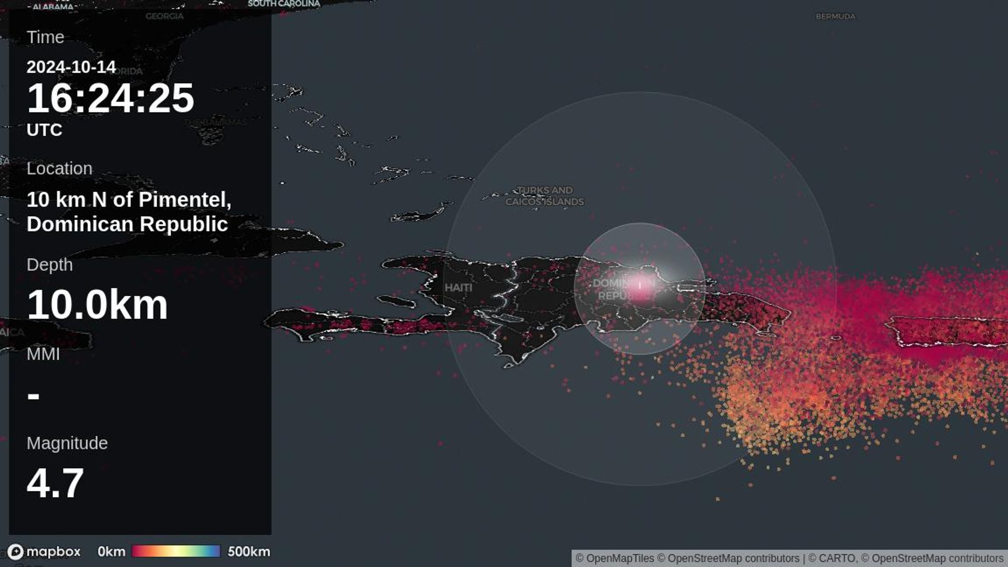 On 2024-10-14, at 16:24:25 (UTC), there was an earthquake around 10 km N of Pimentel, Dominican Republic. The depth of the hypocenter is about 10.0km, and the magnitude of the earthquake is estimated to be about 4.7.