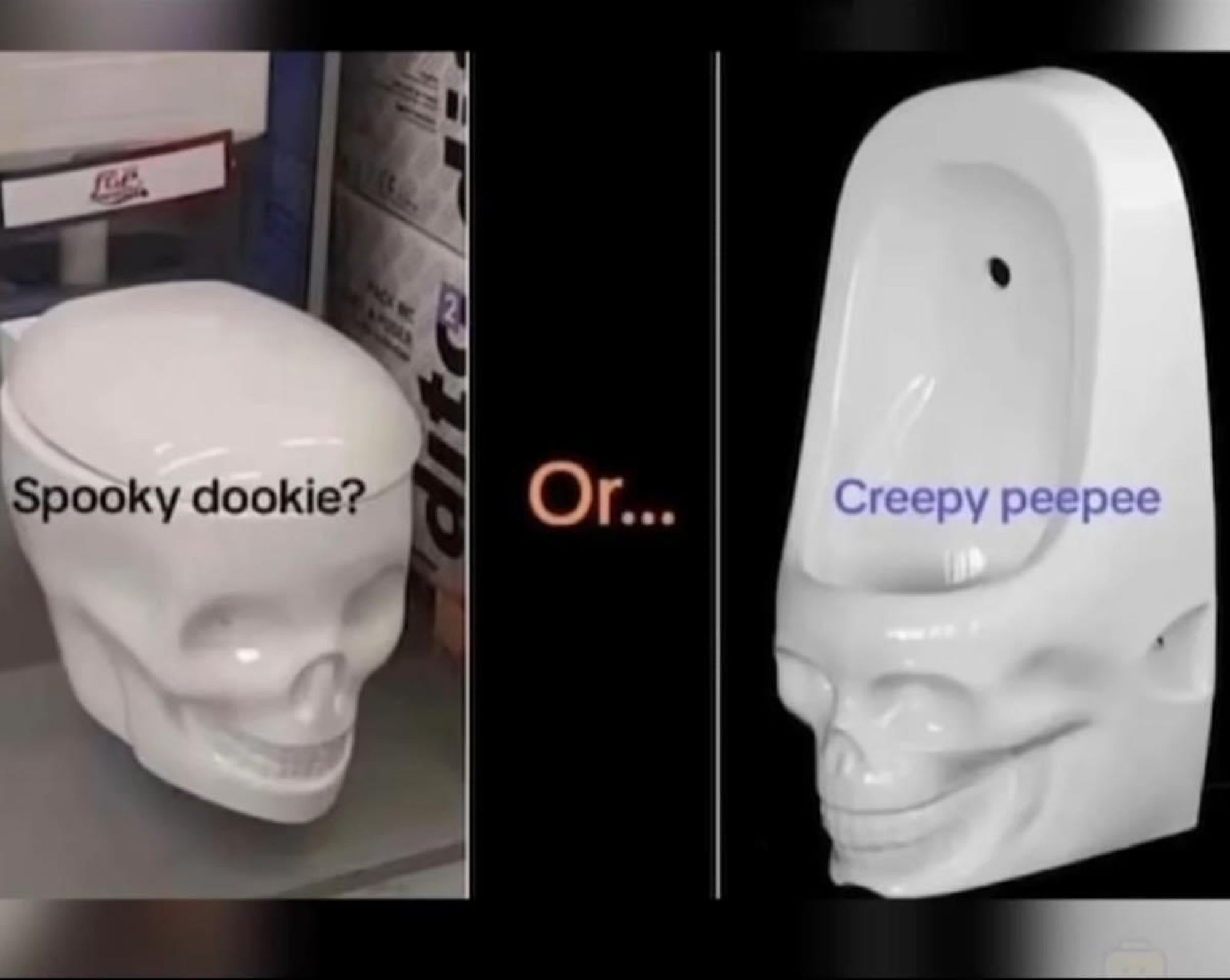 Two photos one of a toilet shaped like a skull, the other one of a urinal also somehow shaped like a skull. Over the toilet it says spooky Dookie? And over the urinal it says creepy peepee. 