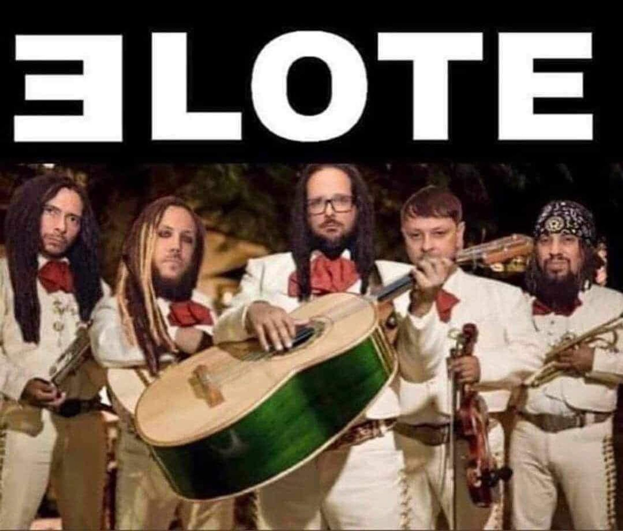 Photo of a Mexican mariachi band wearing fancy white suits and holding iconic Mexican instruments, but their heads have been Photoshop with the faces of the members of the band Korn. 

In large letters of above the photo it says, in the style of the logo of  Korn, “Elote”