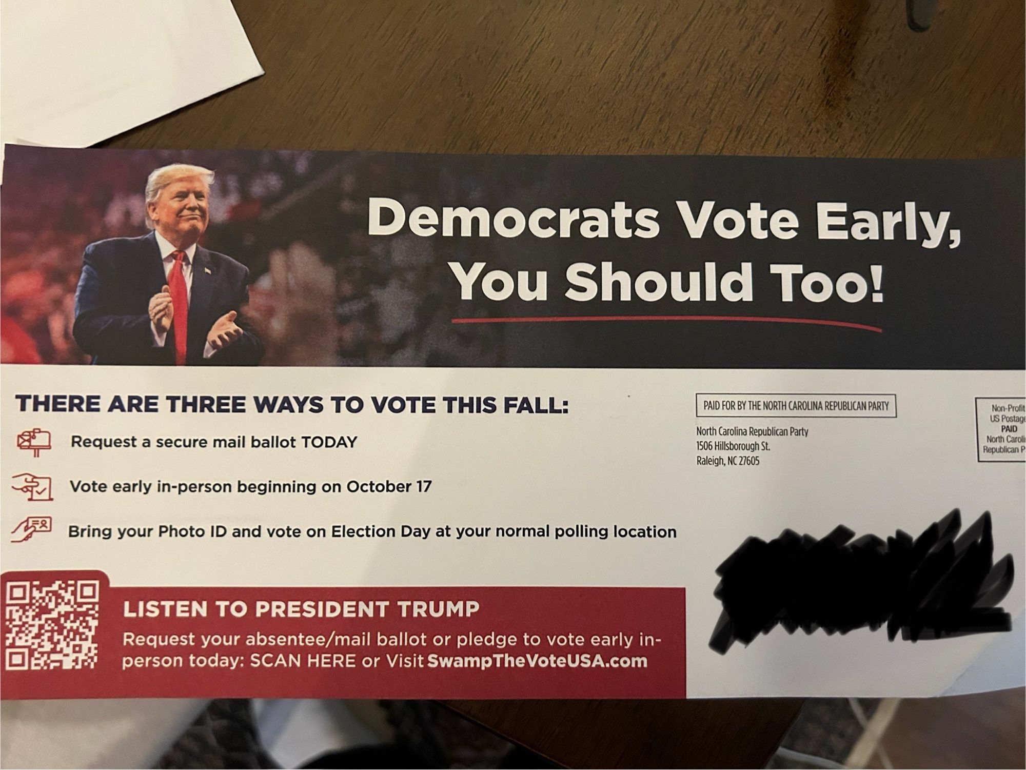 NC Republican Party mail: “Democrats Vote Early, You Should Too!”