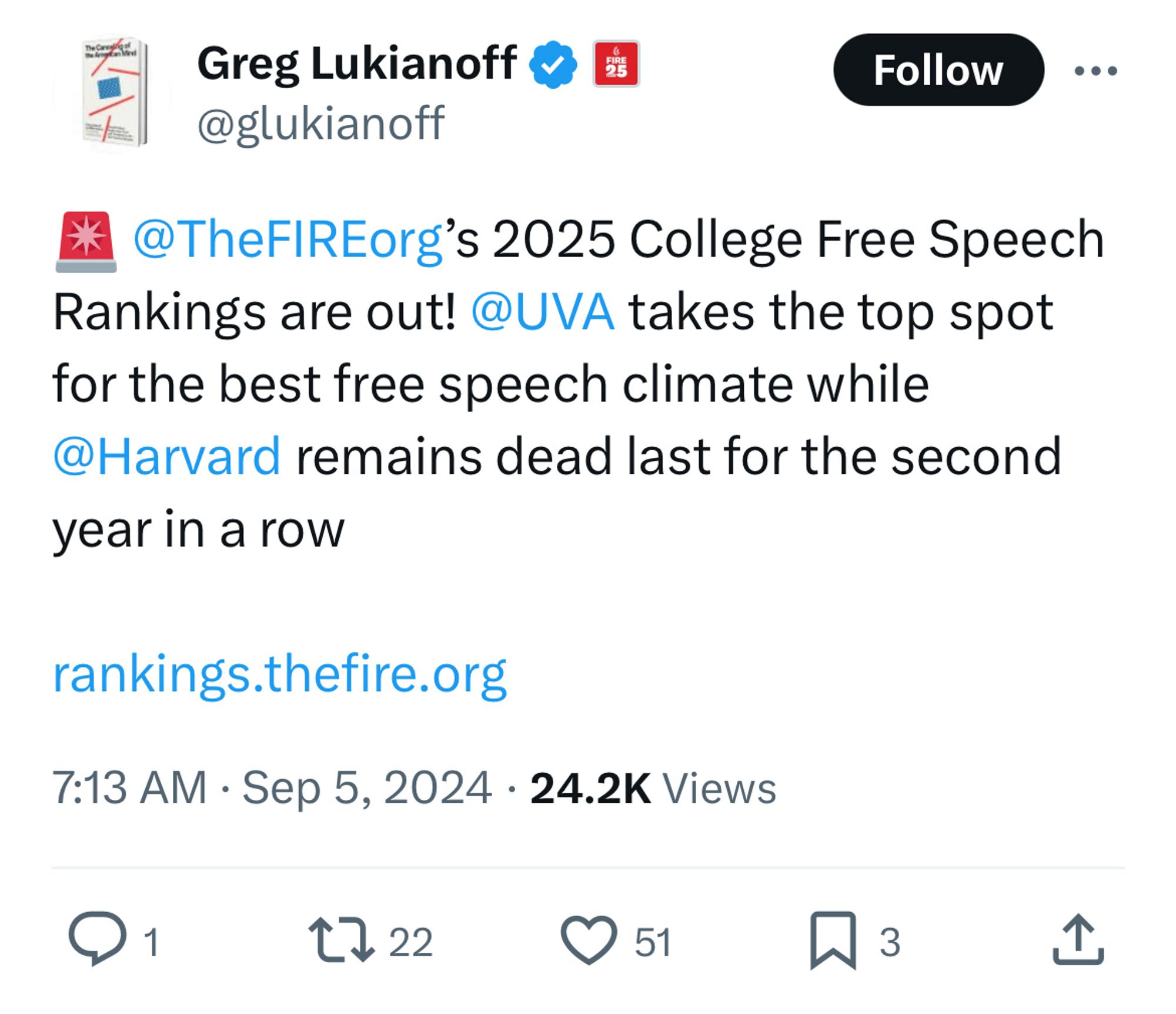 FIRE announces that UVA is their top rated university for free speech