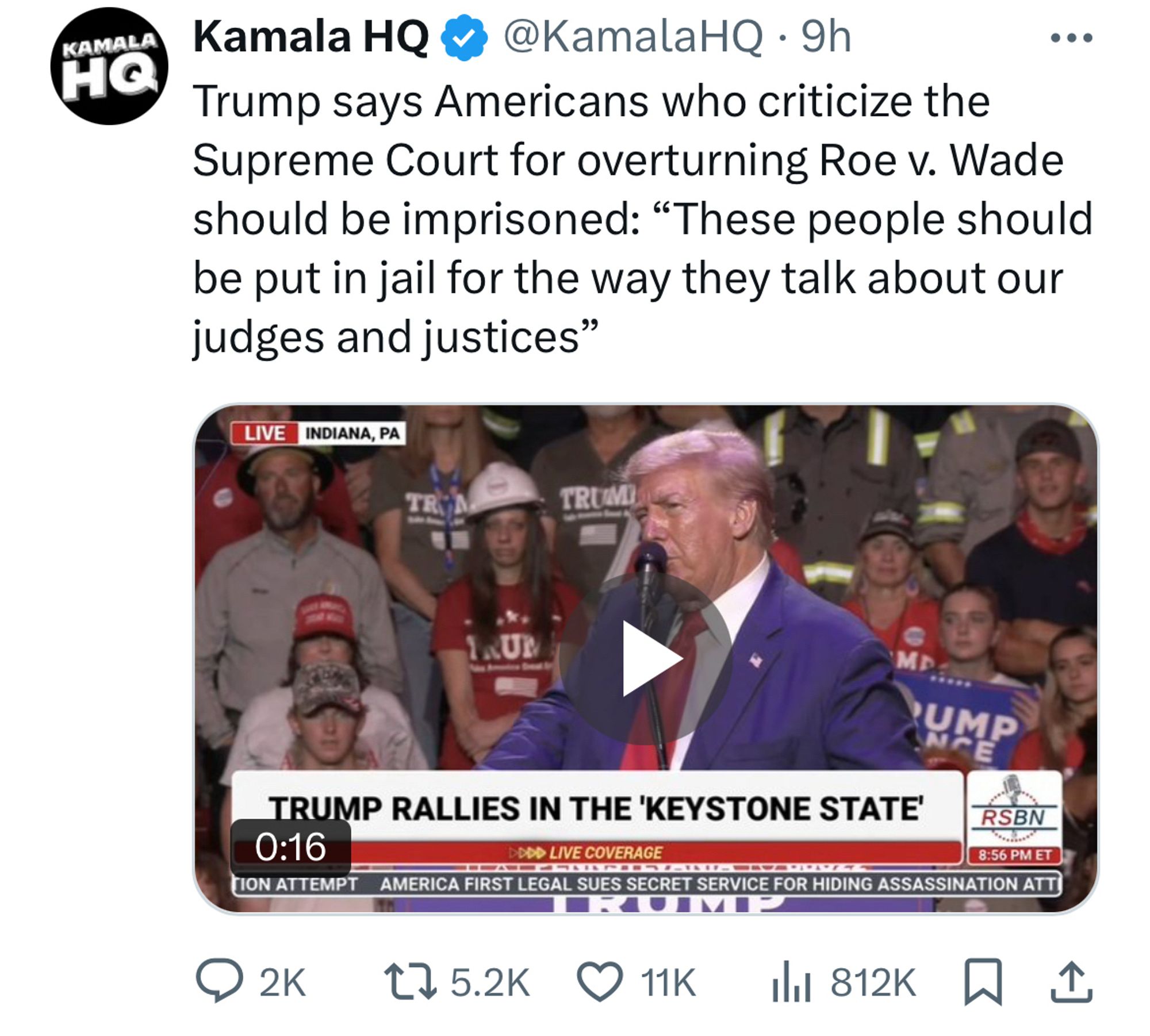 Trump says Americans who criticize the Supreme Court for overturning Roe v. Wade should be imprisoned: “These people should be put in jail for the way they talk about our judges and justices”