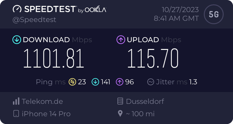 Ein Speedtest von Ookla. 1101 Mbit im Download. 115 Mbit im Upload