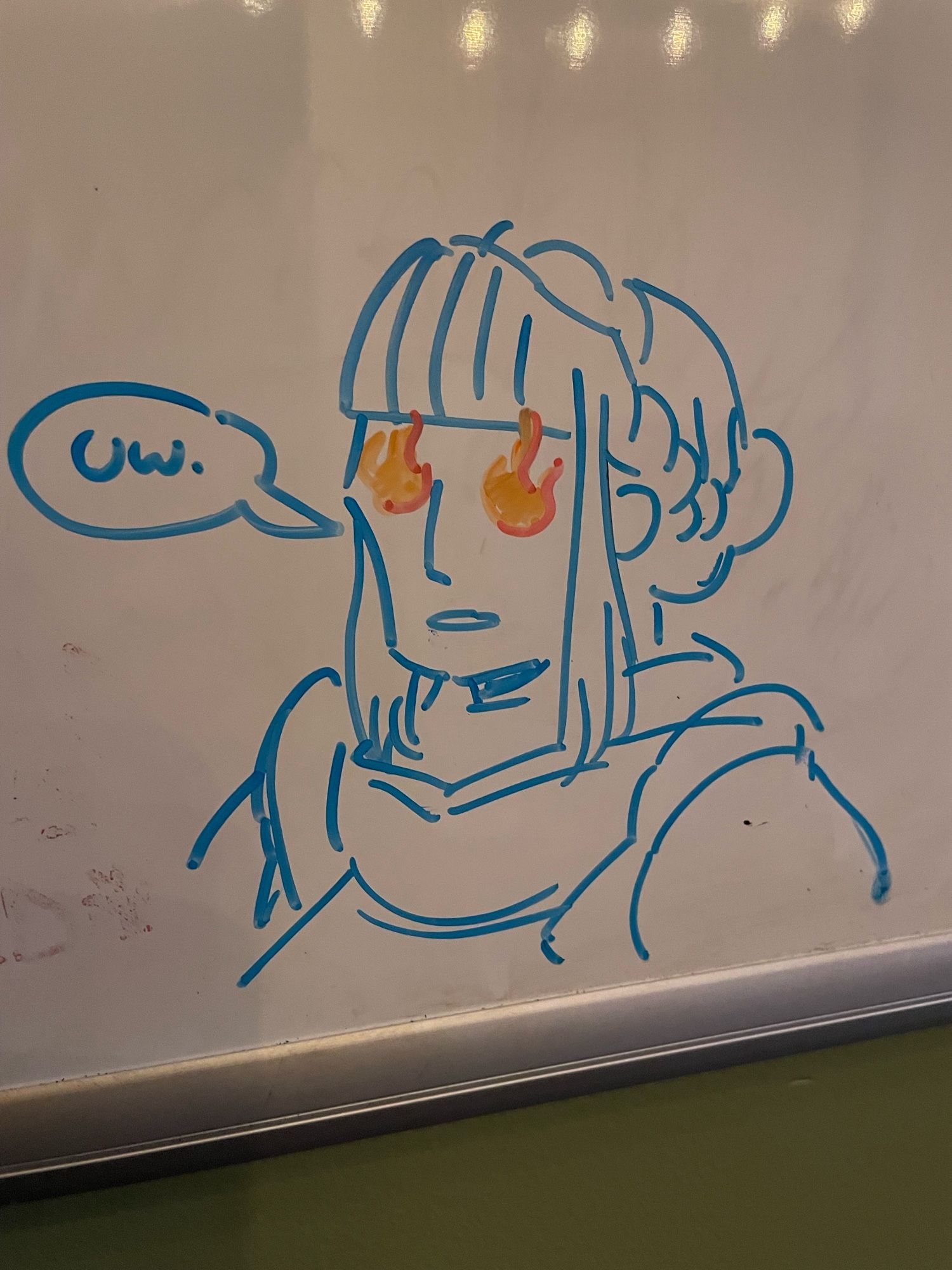 A whiteboard portrait drawing of a woman with a strong cheekbone, fringe bangs with side tassels framing her face and the rest of her hair braided into a low bun. Her eyes are coloured in orange and red fire blobs, representing the “frenzied flame” from Elden Ring. A speech bubble reads “ow.”