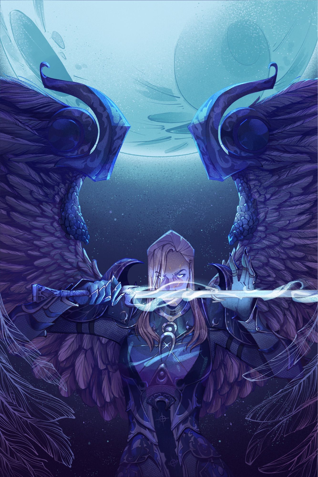 An illustration of Dame Aylin from Baldurs gate 3. She is pictured from hips up, wielding a glowing sword horizontally in front of her face. She wears decorative plate arrmour and has long light hair draped across her shoulders. She has large angelic wings stretched out behind her and wrap around in front. Behind her is the night sky and a giant looming full moon