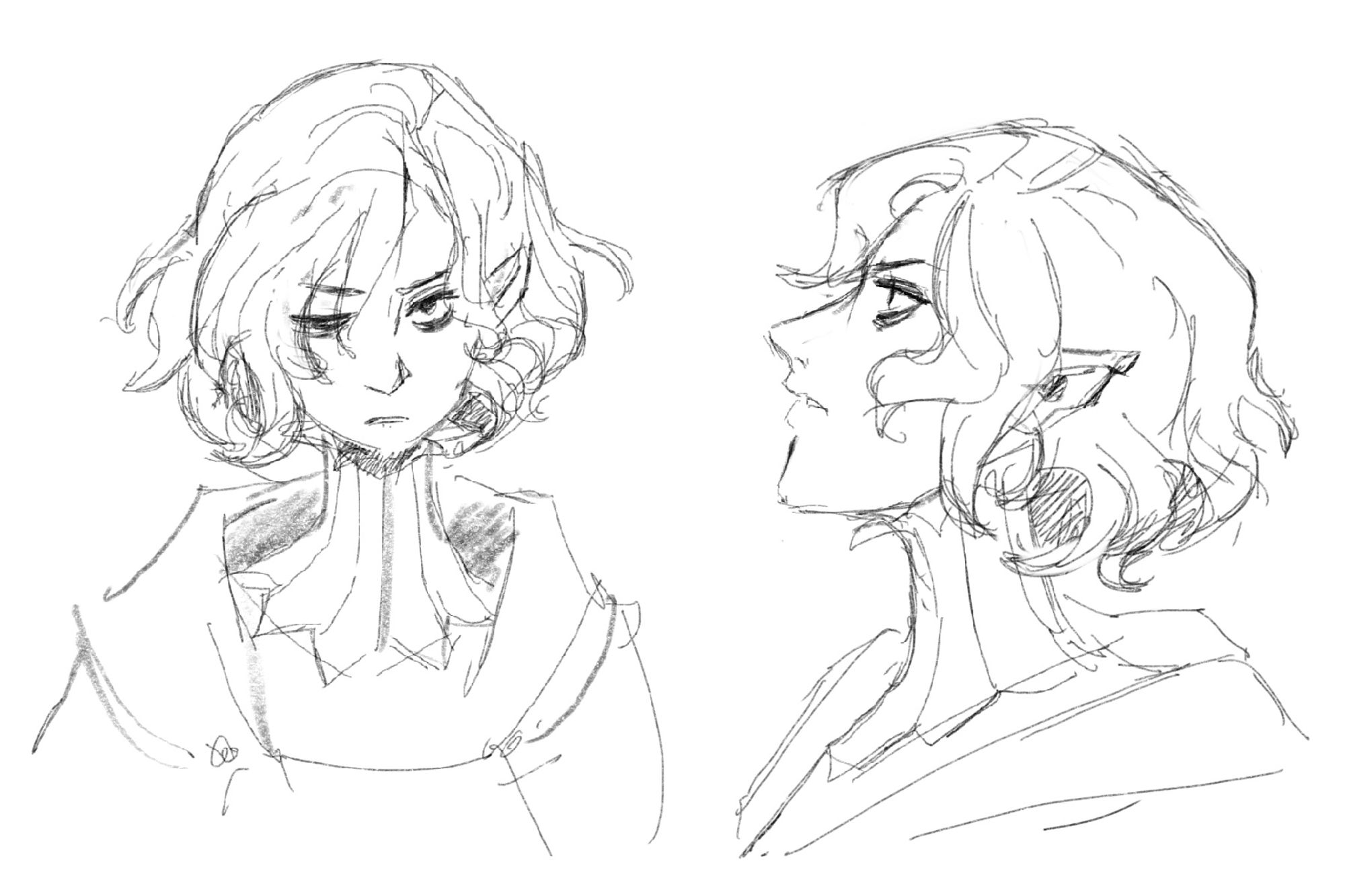 Two portrait sketches of Mithrun from dungeons Meshi. The first one is a straight in view. And the 2nd is in profile