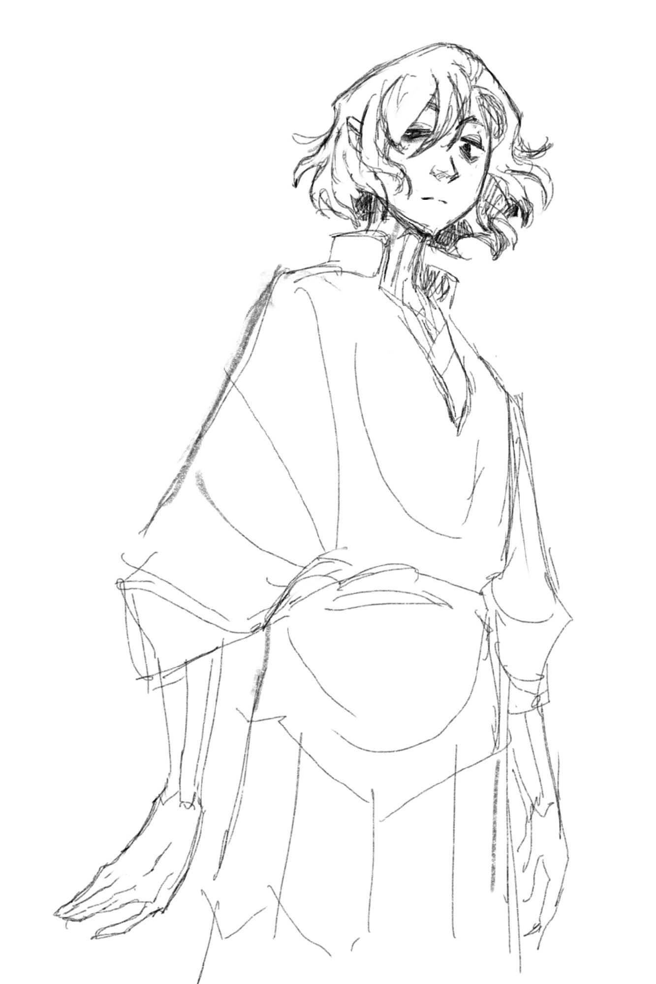 A sketch of Mithrun from dungeon meshi, standing casually wearing a large shirt