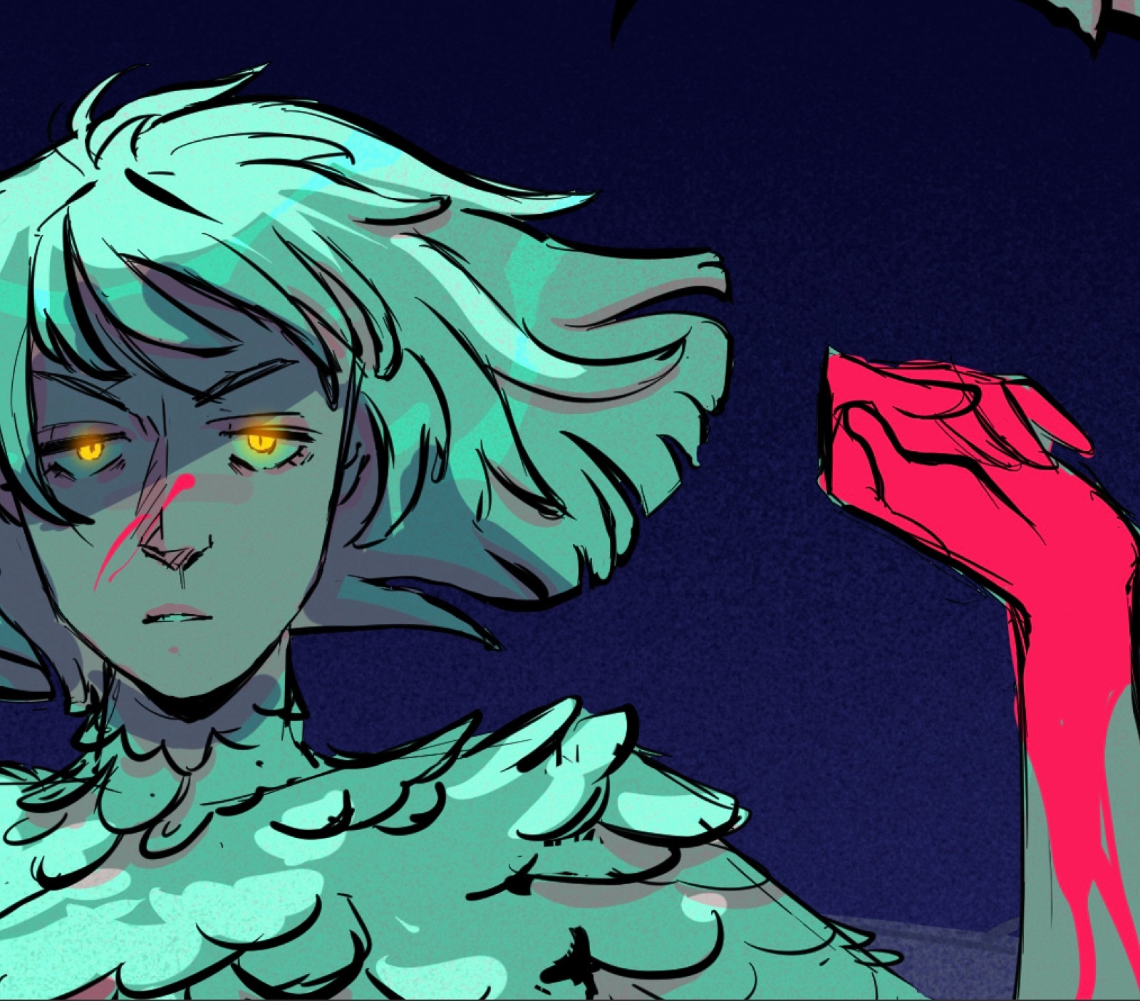 A work in progress crop of a drawing of Falin from dungeon meshi in chimera form. Her hand is gently lifted by her head and covered in blood and her eyes glow an eerie yellow