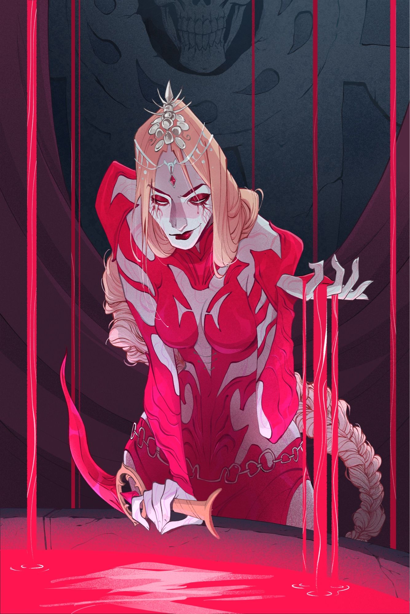 An illustration of Orin the Red from Baldurs gate 3. She is a young woman with pale grey skin, white eyes, and light blonde hair loosely tied into a long braid behind her. She has deep red eye makeup and lipstick, and a red bodysuit with many peek a boos. She leans over a glowing well of blood with a decorative dagger in one hand and blood dripping from the other. Behind her is a dark red cloth covering the wall where a symbol of Bhaal is partially obscured. Thin streams of blood pour from the ceiling around her