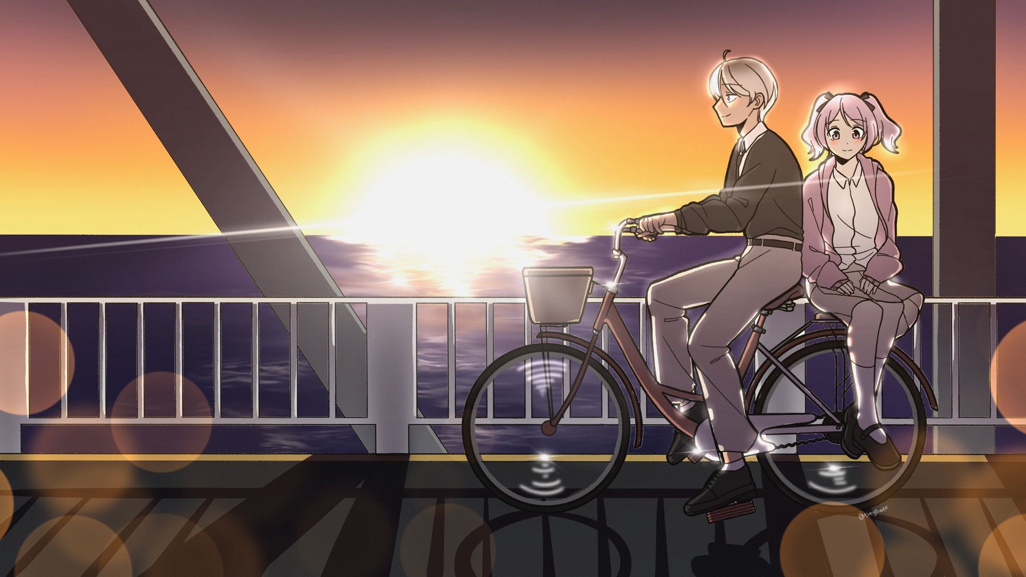 A blonde man and a purple haired woman is riding a bike on a bridge over the sunset.