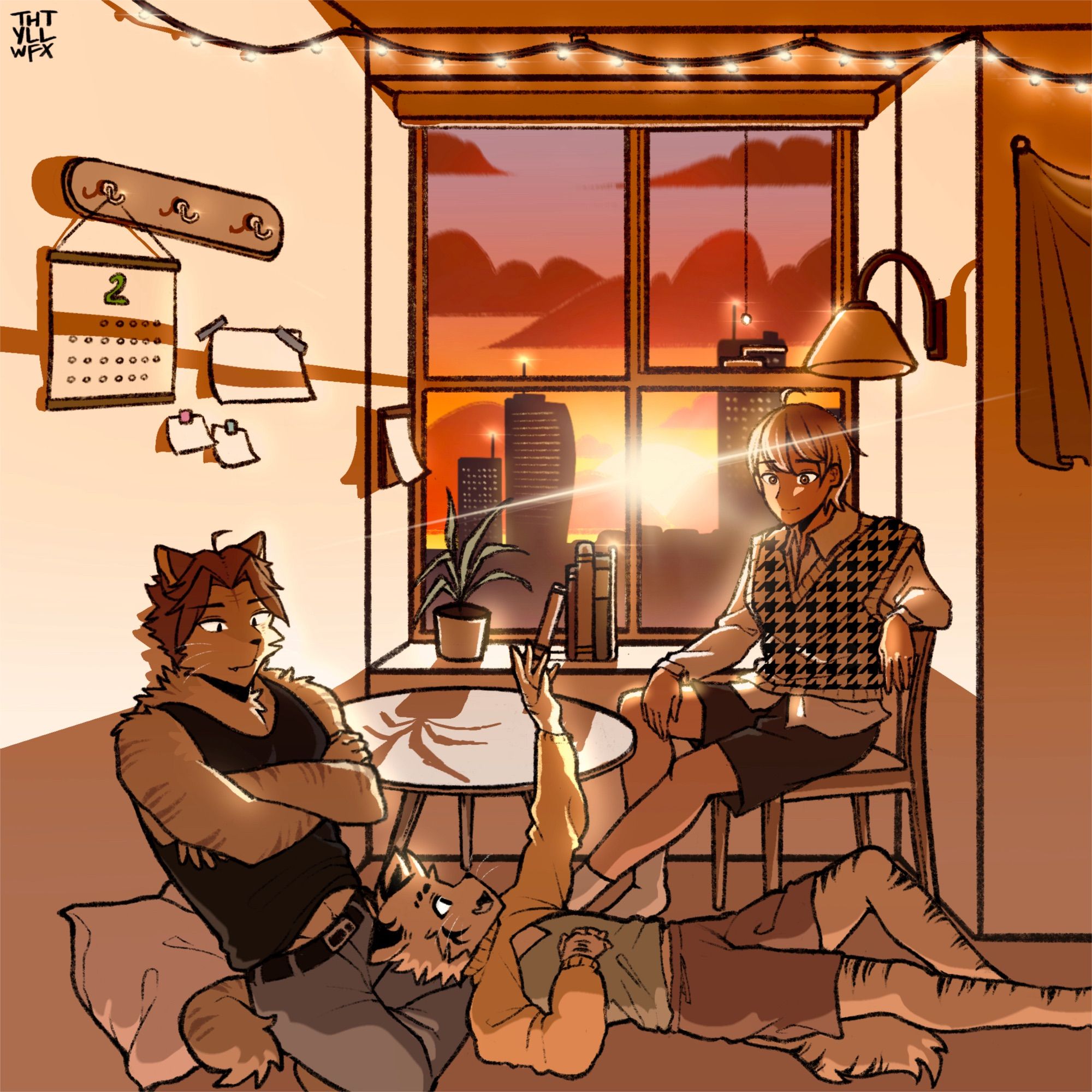 Two furry men and one human enjoying a sunset over their apartment window.