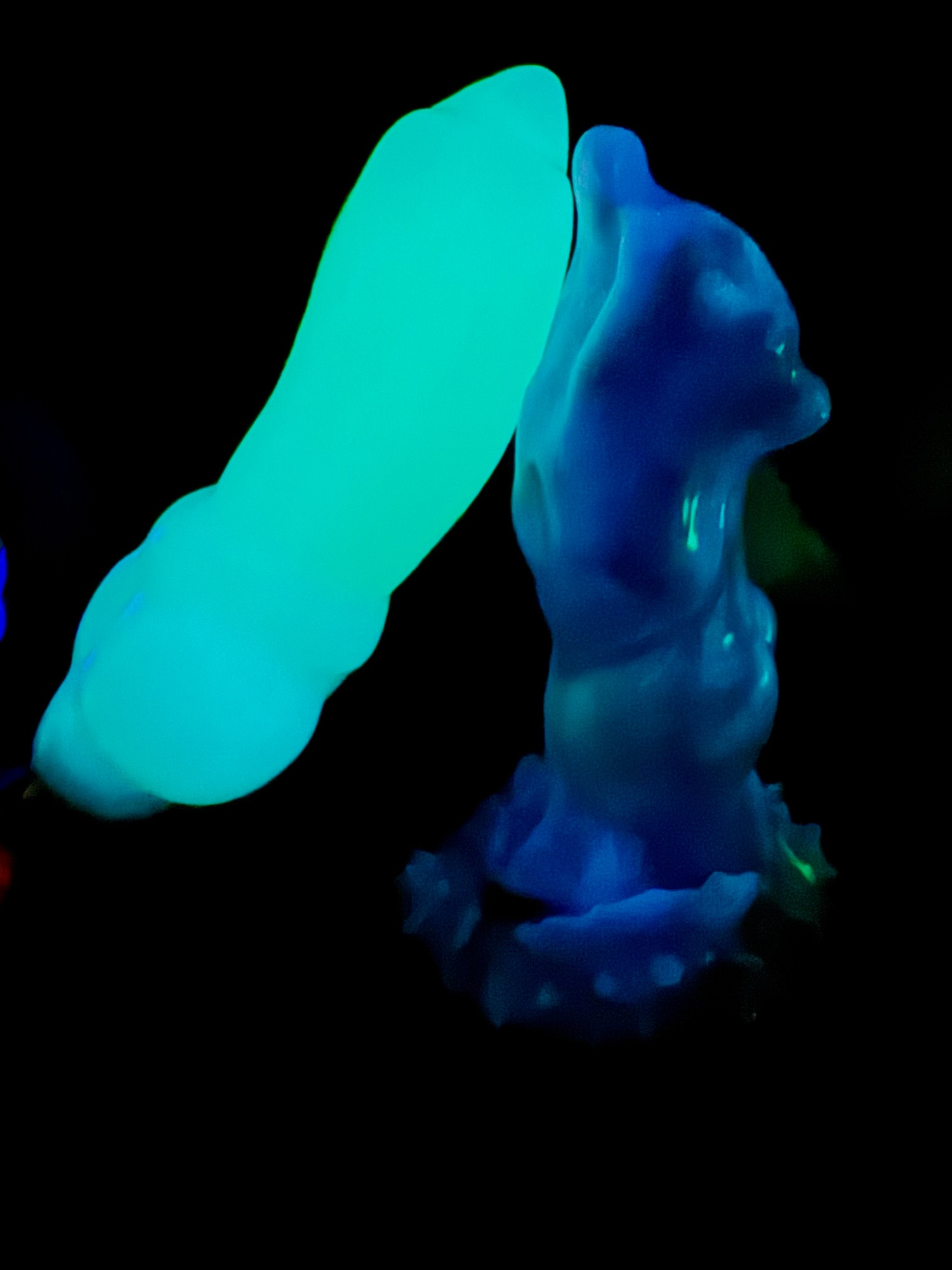 Both toys glowing, the canine in a bright green-blue, and the other toy in a dull blue.