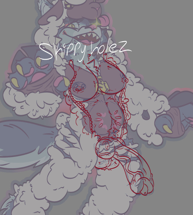 an adopt design work in progress featuring a grey wolf in a white sheep pelt at partial opacity. drawn over it in red is the groundwork for an alternative version of the art with the pelt open exposing a pair of breasts and a very large canine cock