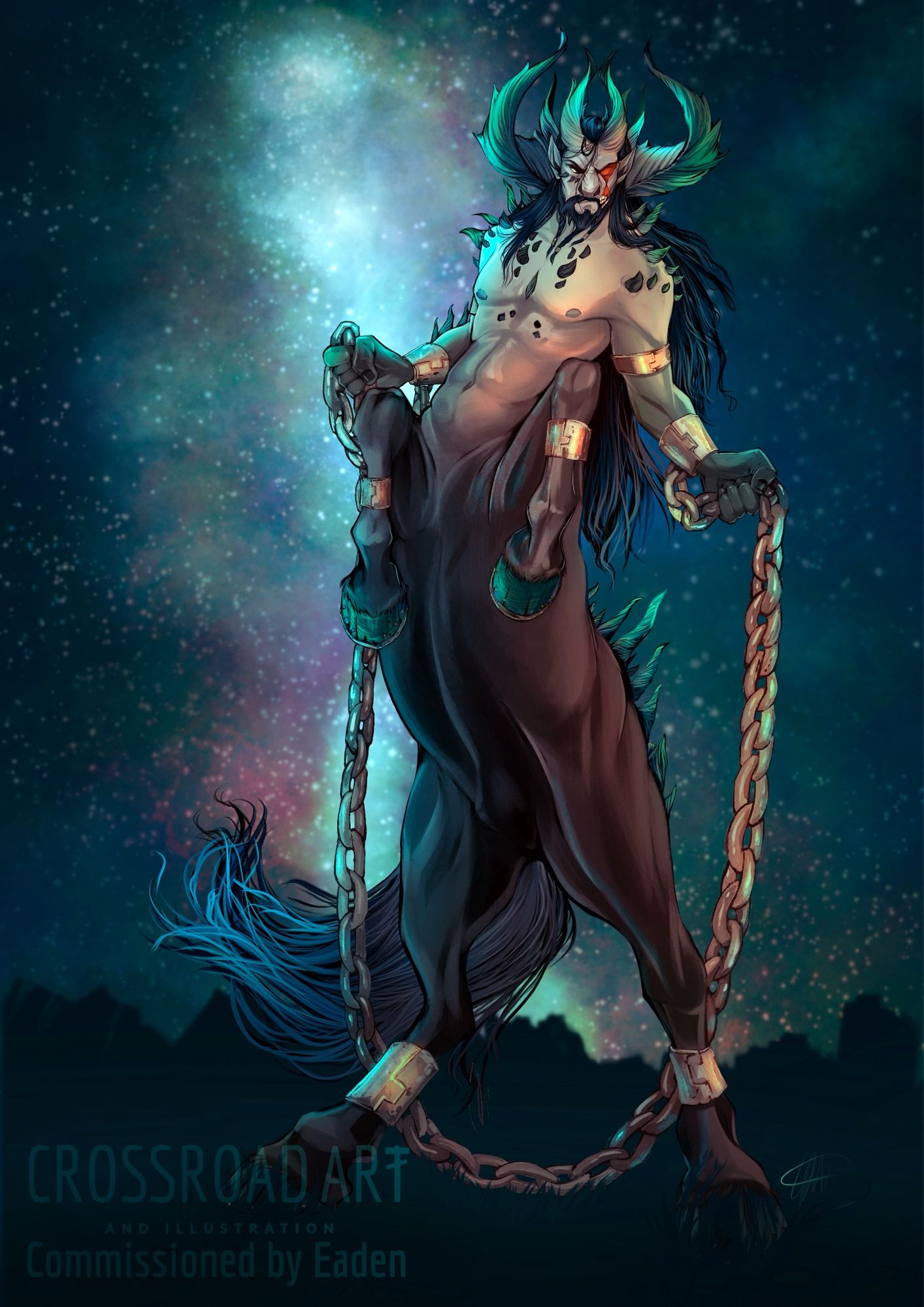 This painting has a heavy metal vibe. At a low angle in a dark plain surrounded by far off mountains, under a nebulous night sky, we look up at a huge centaur. He is rearing back on a muscular black equine body that blends to a pale grey human body which has twisted spikes piercing out of it. These spikes grow sparsely on his chest, then thickly on his shoulders, getting thicker & wider as they grow higher till they crown his head between his long black hair, as 2 pairs of thorny horns, 1 set of which is nearly as wide as his head & stand like 2 crescent moon on either side of it. His expression is critical & made harder by a open scar that has lost him his eye & tears deeply enough in his cheek to expose his teeth behind his facial hair. Said facial hair takes the form of a beard that is braided into 3 pieces ending in metal beads. The last feature of this character r his shackles, on his legs & arms. Only his wrists have a long thick chain though, which he grips like a weapon.