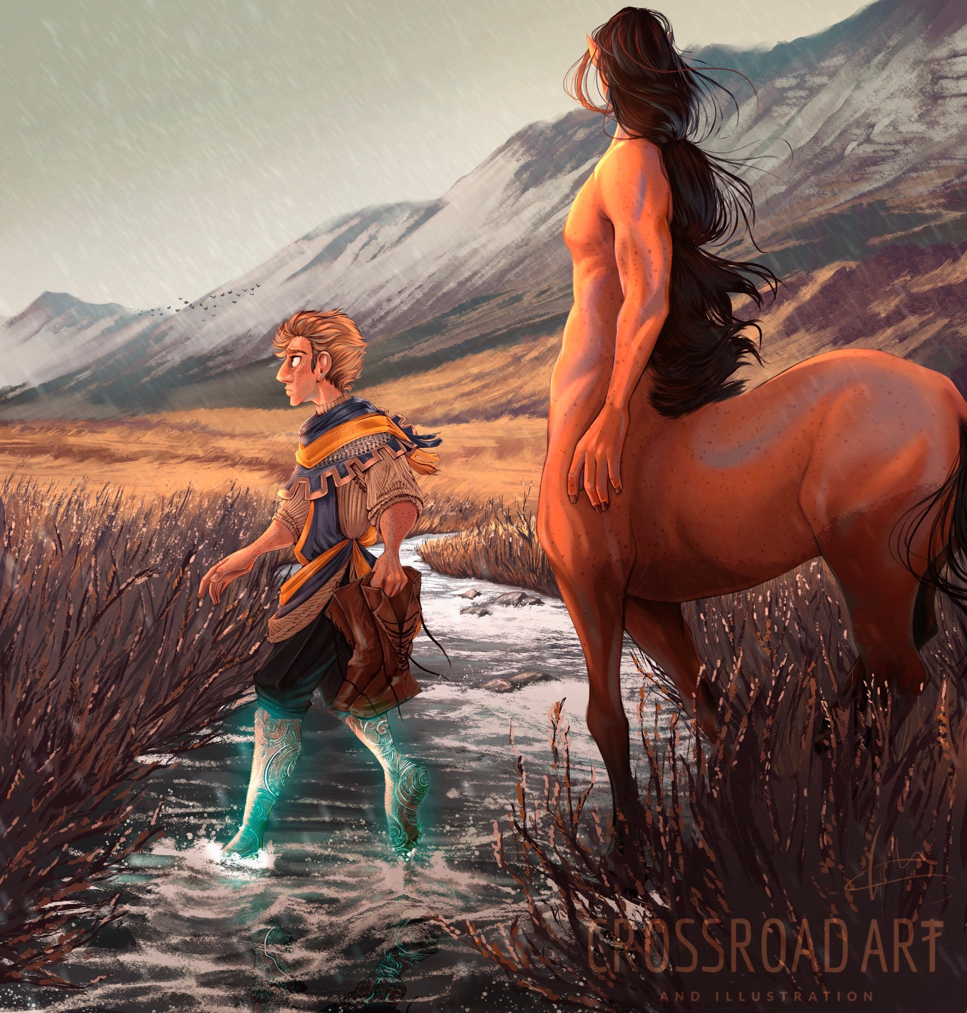 A young squire, with a focused expression and magic stone legs that glow blue through spiralling engravings, is crossing a fast running stream in a brown grassy plain surrounded by mountains. His pants are rolled up past his knees and he is holding his shoes. He is followed by a centaur companion that is looking away from the viewer towards a far off flock of birds in the distant landscape, which is blanketed by an overcast sky and a thin rain.
