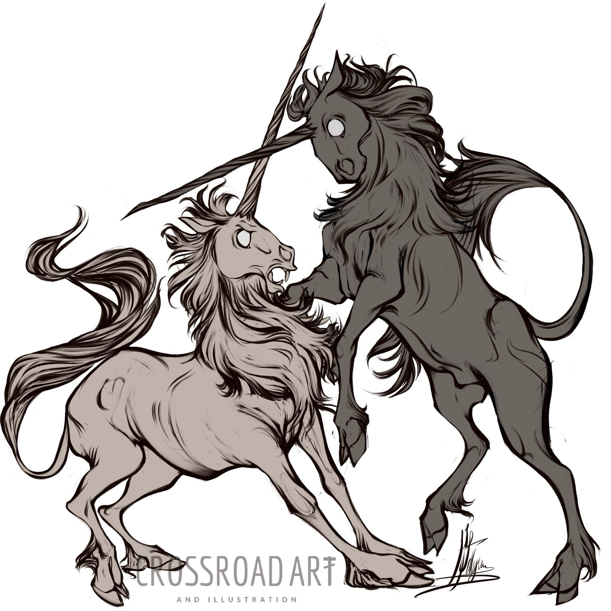 A sketch of two unicorns fencing. One is shying back at the affront of the other, who has gotten a foreleg up against its opponents chest and is bearing down with a long horn barely parried by the other’s own horn.