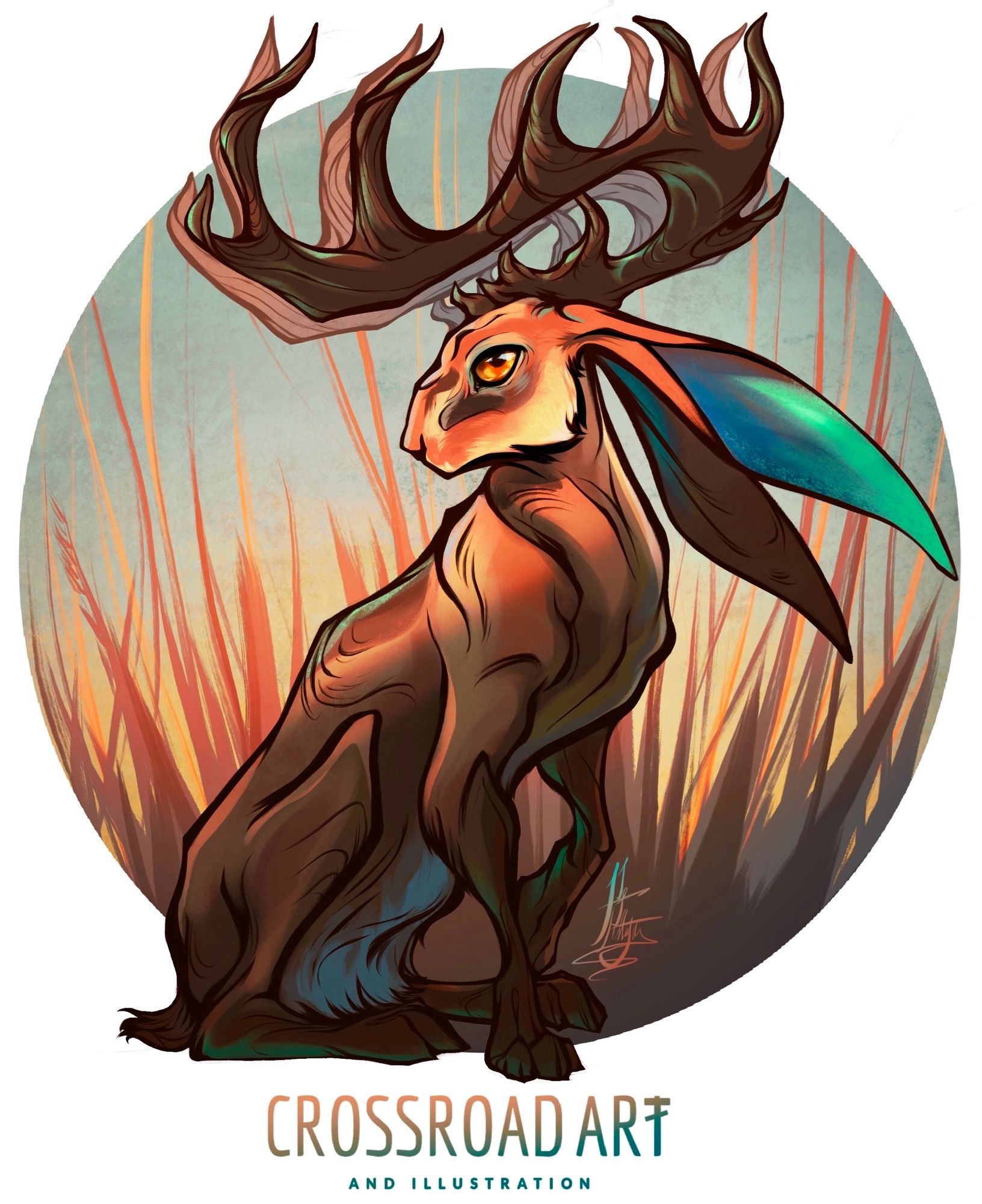 A brown jackalope with huge antlers, sits and turns its head to regard the viewer with a amber eye. It is before a backdrop of long grass that’s warmly lit by a low sun in a blue sky.