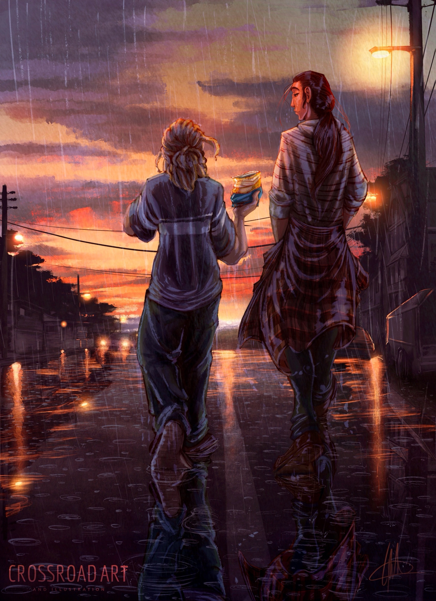 
A painting with a nostalgic feeling of two young men, in the rain at dusk, walking down a street with their backs to the viewer. 
Above them the clouds are purple and fringed with the orange light of a setting sun, and power lines cross above the street between the suburban house. The shorter young man is offering the other some chips. They are both soaking wet and don’t seem to care. 