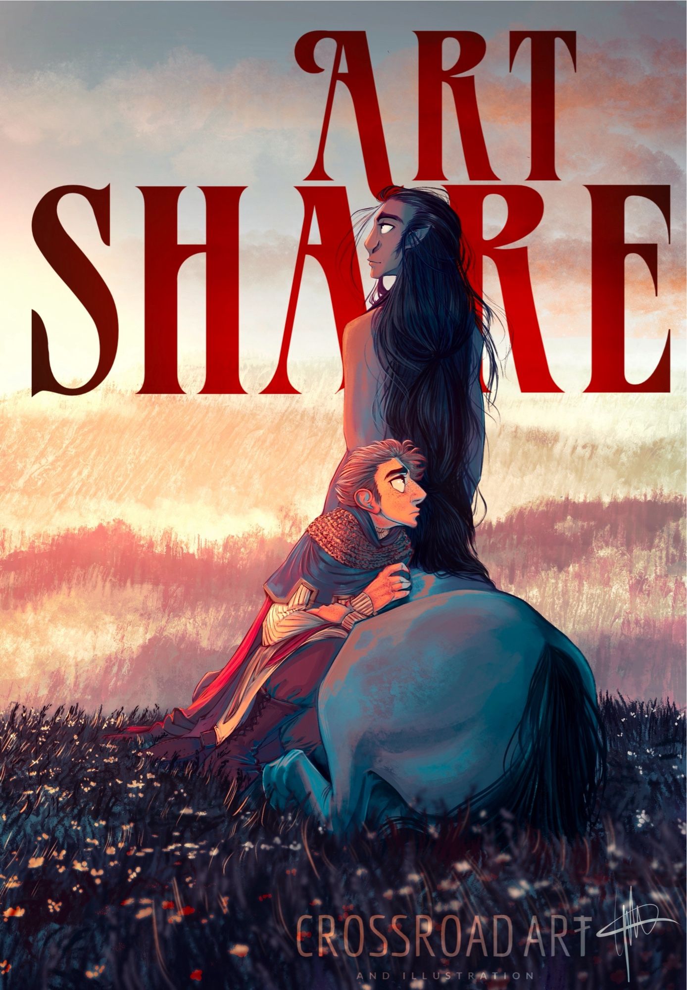 An art share cover.
This cover is of a painting of a centaur, named Rowan, sitting on a hill with dark grass and many little flowers, looking out into hilly forested landscape, which is warmly lit by the setting sun. 
Sitting and leaning against Rowan’s equine body is a young squire named Arley, who is hugging himself and looking lost in his own thoughts. His gaze aimlessly directed away from the view. He is wearing chain mail around his shoulders, over a blue cowl with the hood down, a surcoat over a pale grey thinny padded gambeson, trousers and boots.
Over the forested landscape in large dark and bright red letters are the words ‘Art Share’